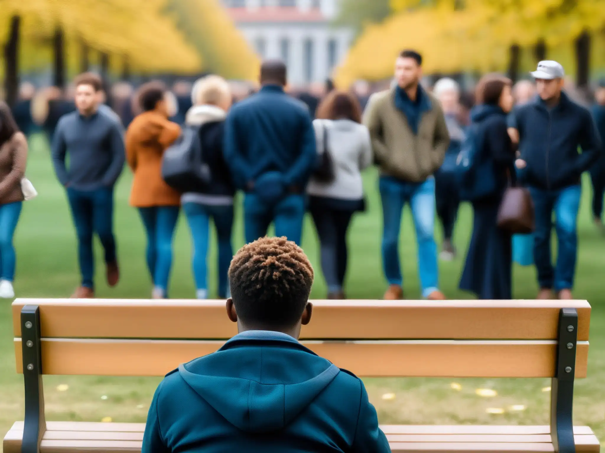 Una persona sola en un banco del parque, rodeada de gente pero perdida en sus pensamientos