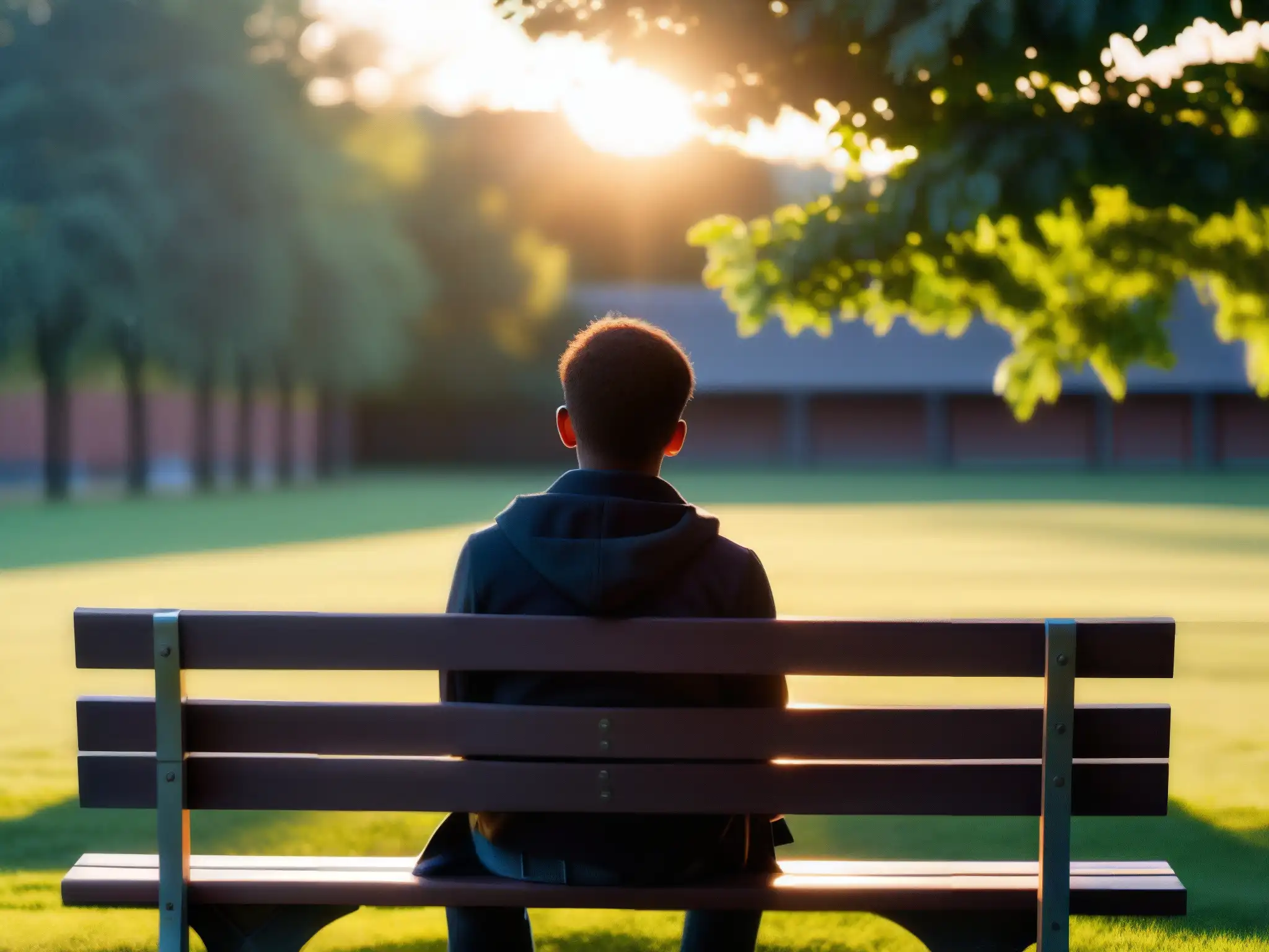Persona sola en banco de parque al atardecer, expresión nerviosa