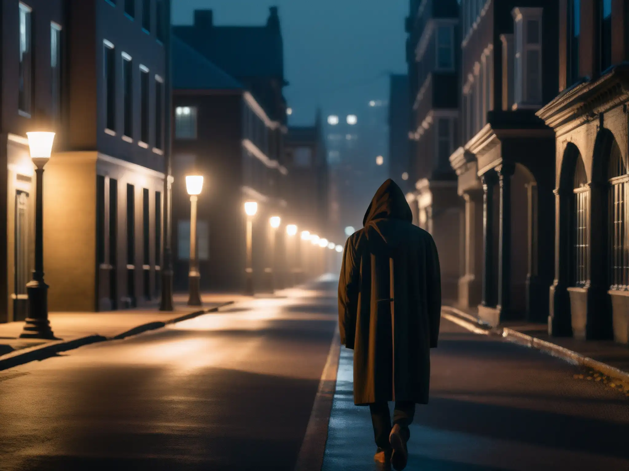 Persona solitaria camina en la oscura calle de la ciudad, transmitiendo el impacto de las leyendas urbanas en la salud mental