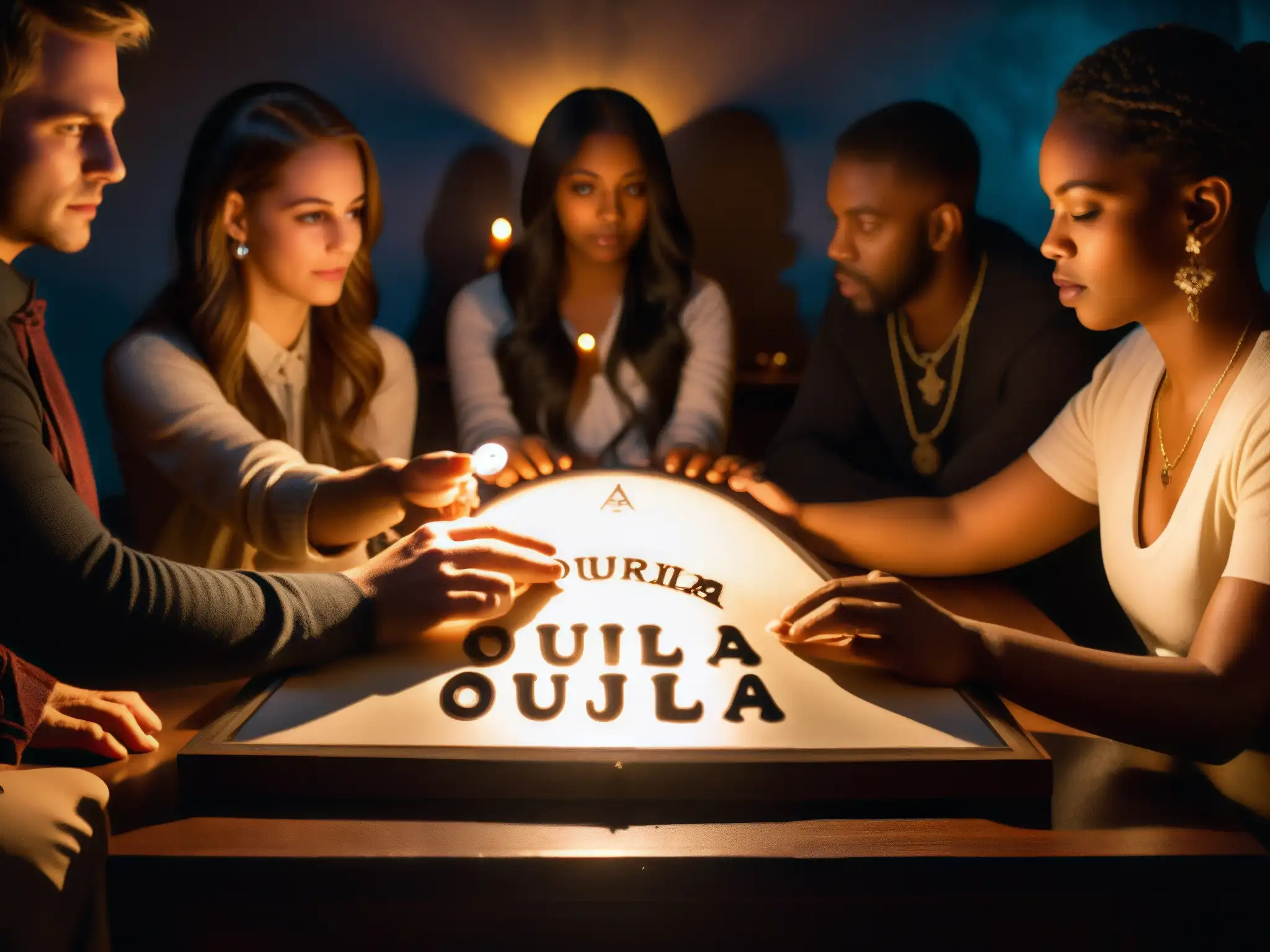 Intensa sesión de Ouija: misterio y emoción Personas en sesión de Ouija, con expresiones de miedo y curiosidad