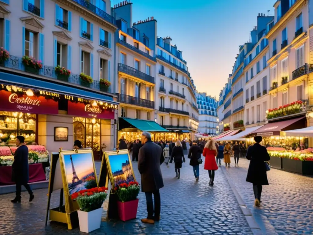 Atardecer en París: Arte y Elegancia en las Calles Pintoresca calle parisina al anochecer, edificios Haussmann con balcones floridos, gente paseando y artista callejero