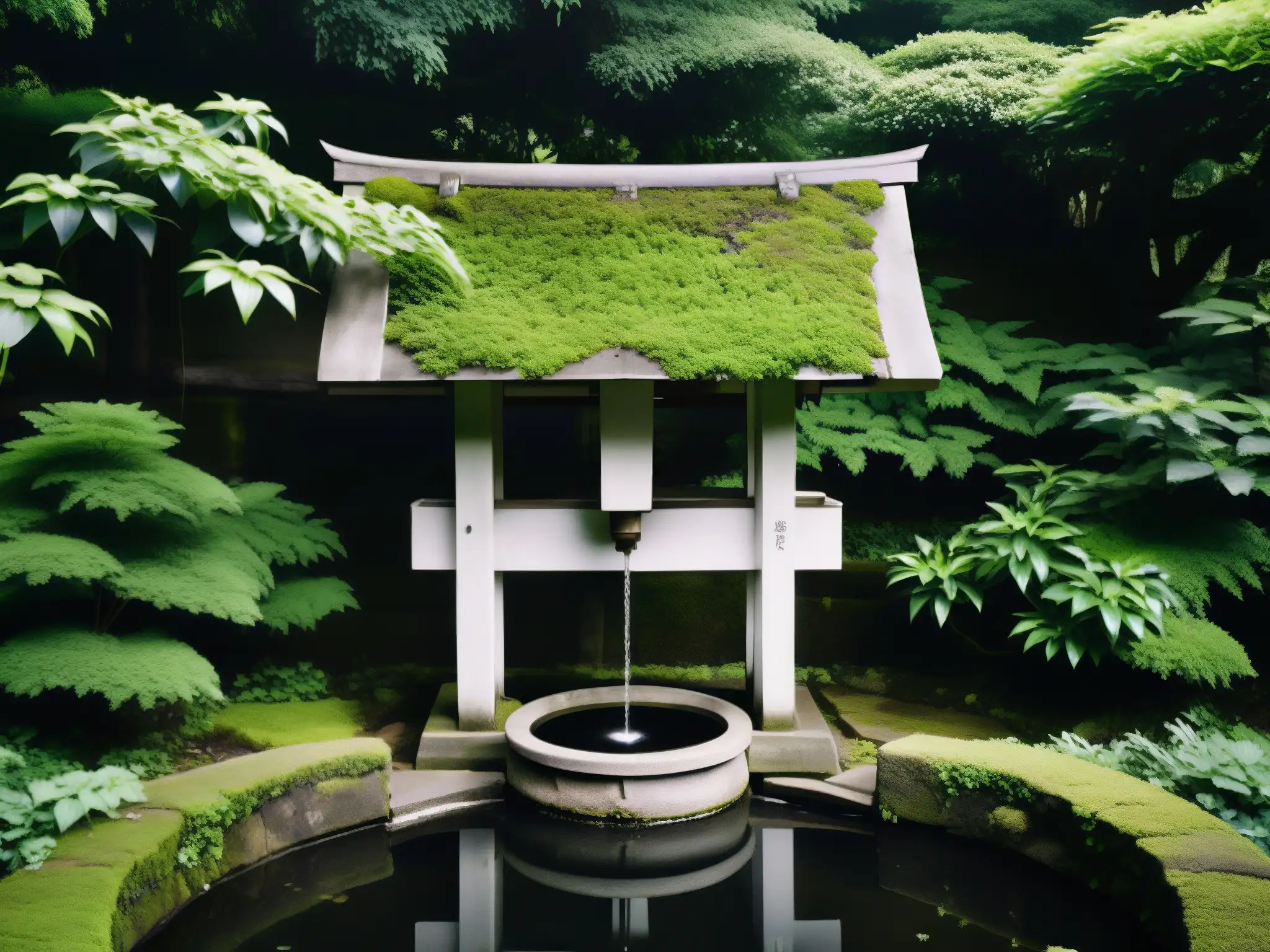 Poza japonesa encantada: misterio y folclore en blanco y negro Un pozo japonés envejecido rodeado de vegetación, evocando la misteriosa historia de Okiku y el pozo