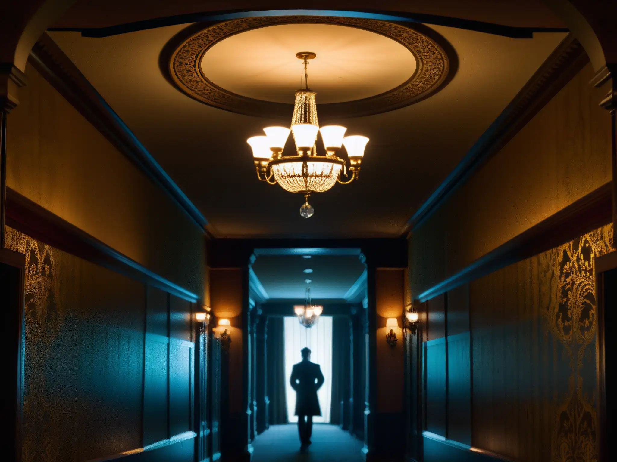 Hallway histórico del Hotel Fairmont Banff Springs: misterio y elegancia Presencia escalofriante en el Hotel Fairmont Banff: pasillo sombrío con papel pintado antiguo y lámpara vintage