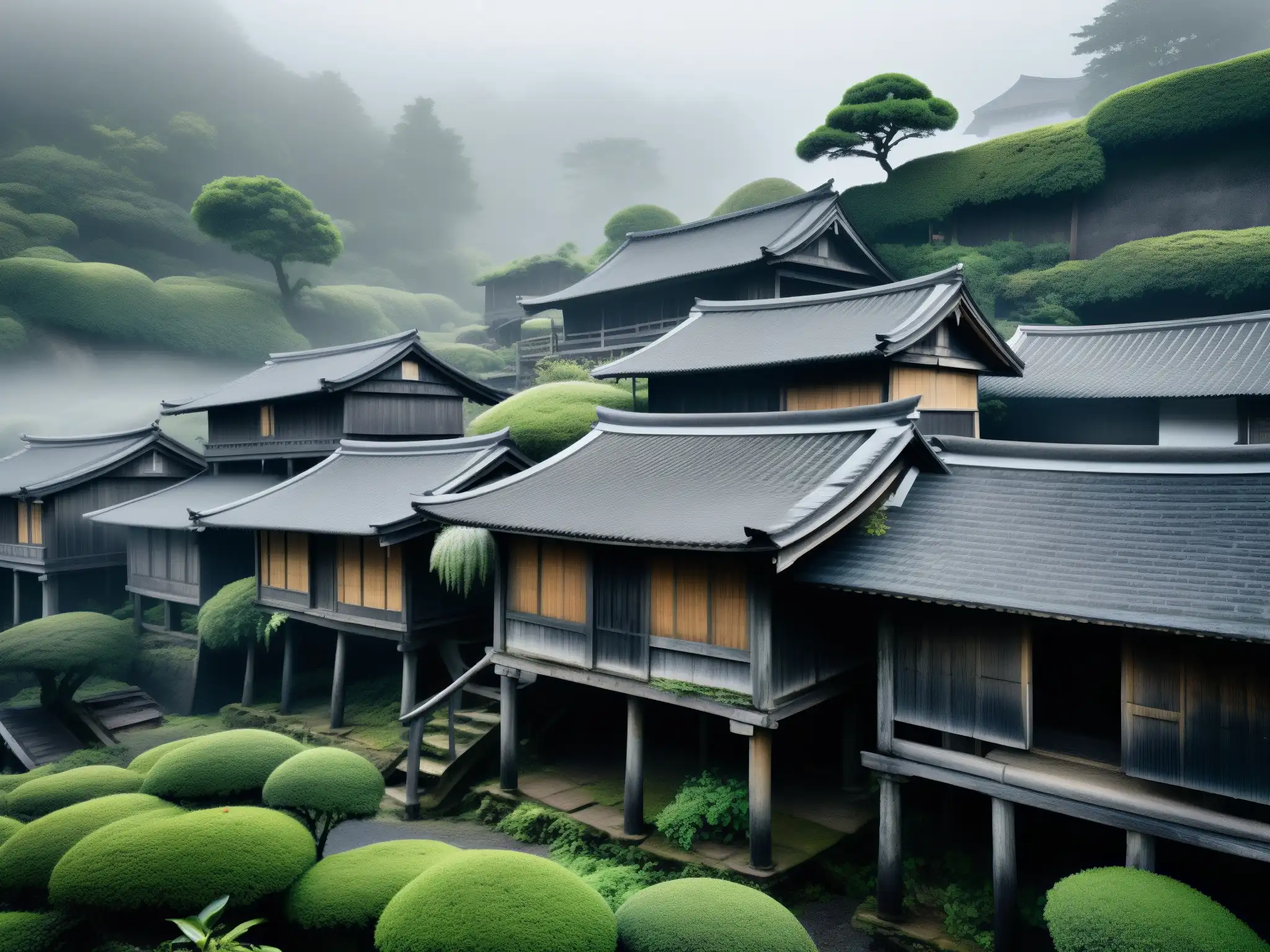 Un pueblo japonés abandonado y misterioso, con casas antiguas y una atmósfera inquietante que evoca historias de fantasmas japonesas y cine de terror