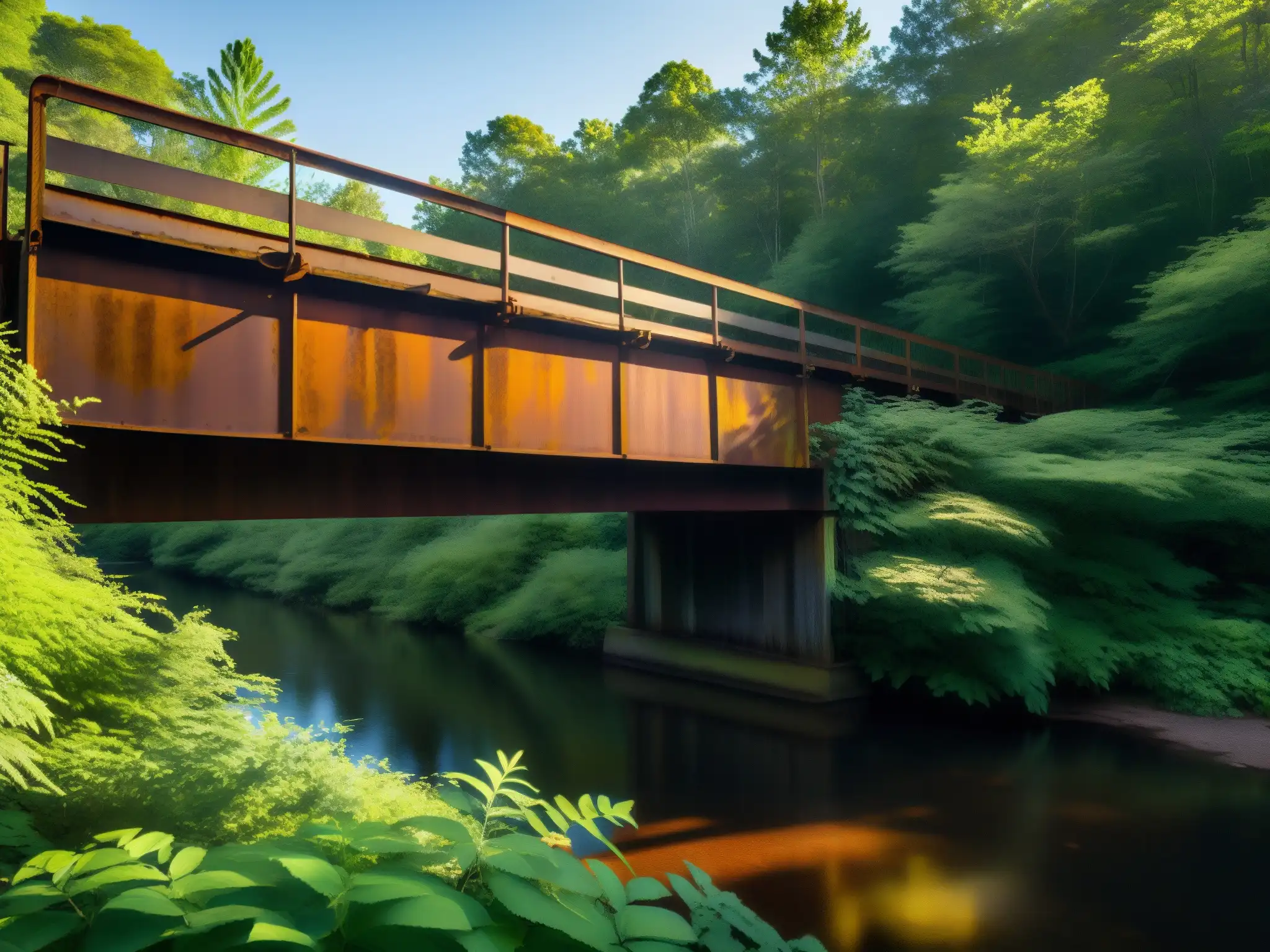Puente Gold Brook: Misterio y Historia en Detalle Un puente maldito con mitos y leyendas urbanas, rodeado de vegetación exuberante, iluminado por una luz dramática
