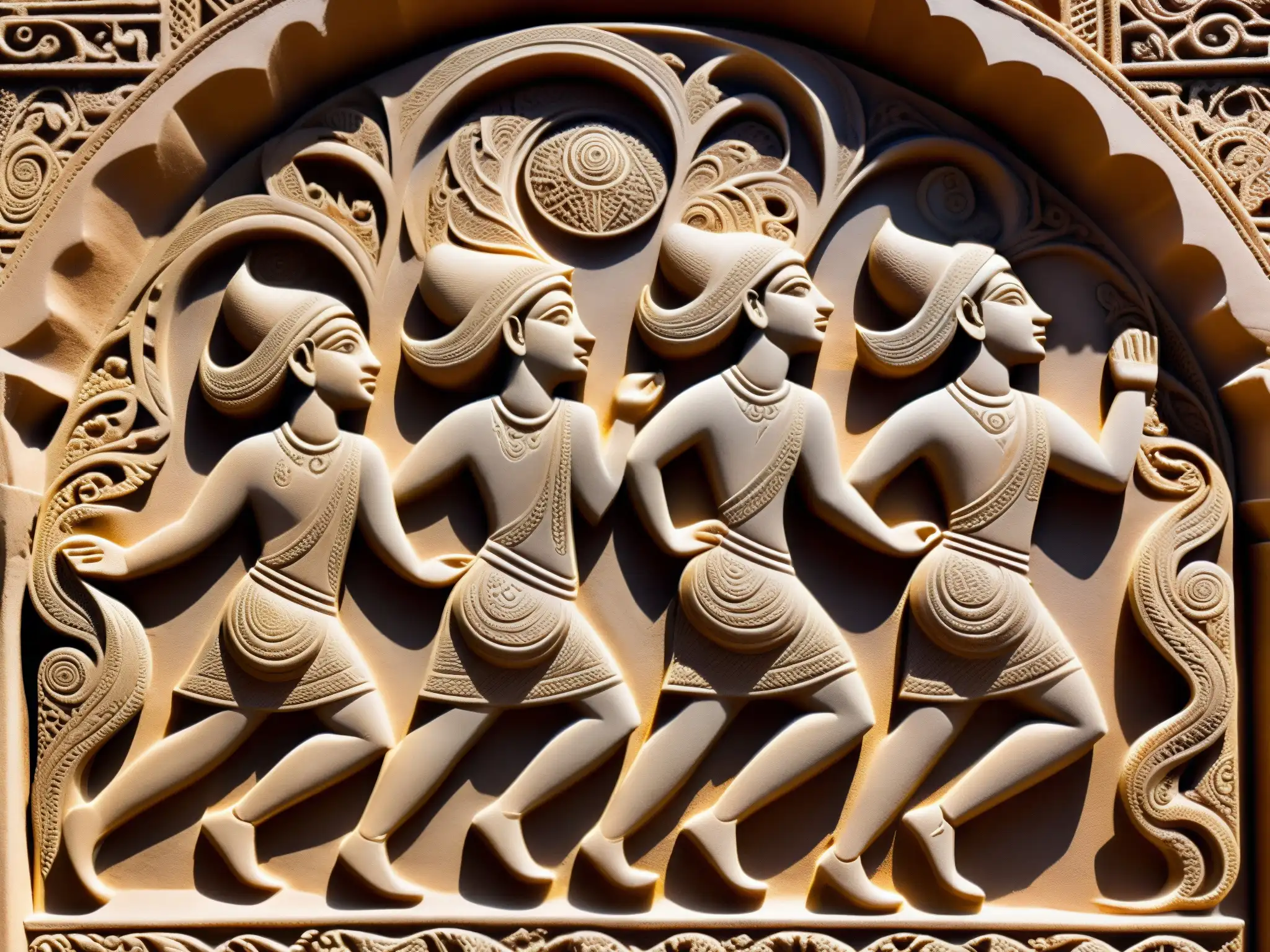 Relieve de piedra antiguo detallando el origen y poder de los Djinn en un bullicioso mercado indio, con figuras en la arena y colores vibrantes