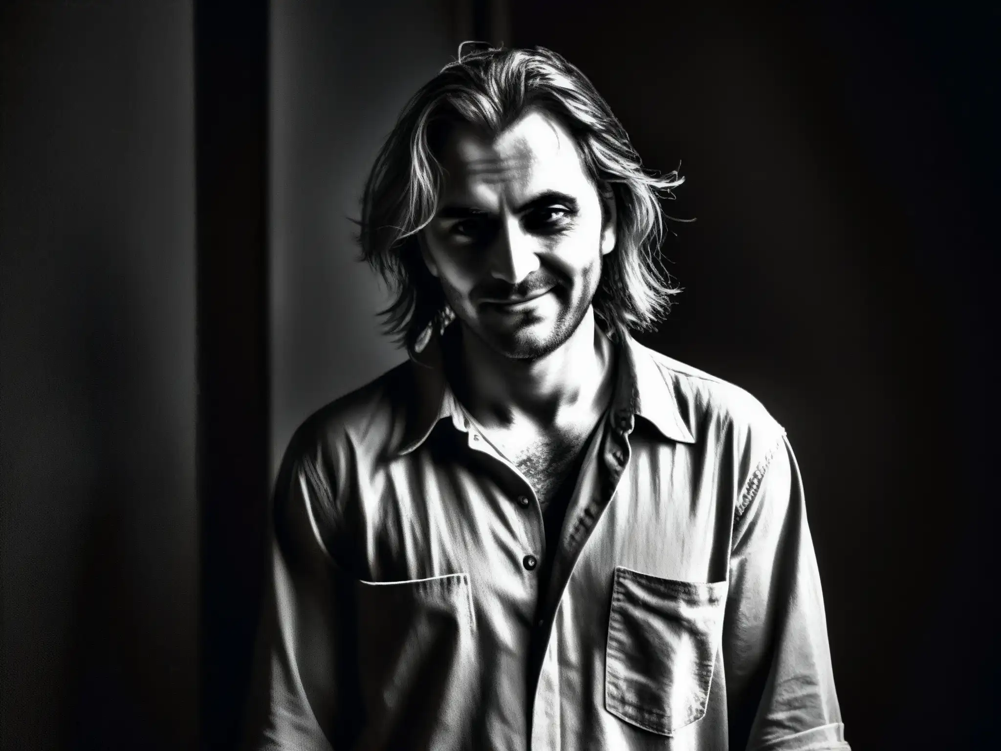 Retrato aterrador en blanco y negro de una figura siniestra con cuchillo Retrato en blanco y negro de un siniestro personaje pálido con una sonrisa inquietante, sosteniendo un cuchillo en la penumbra