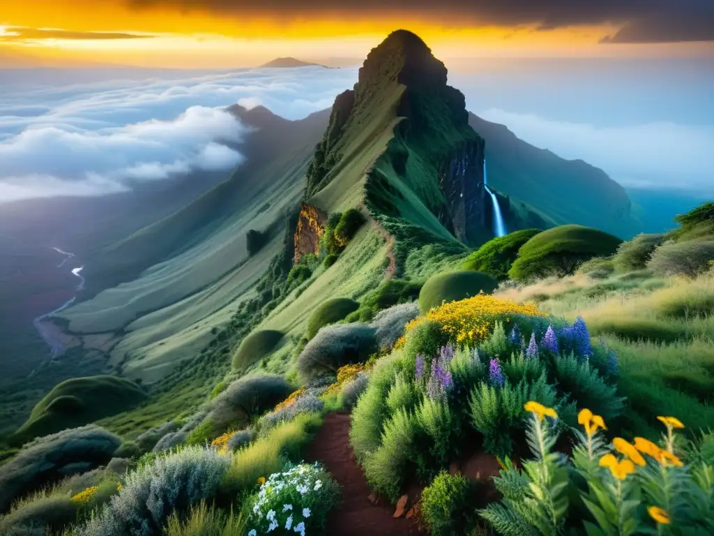 Pico de montaña en Kenia bañado por el amanecer Riquezas perdidas en montañas Kenia: Amanecer dorado sobre pico montañoso envuelto en neblina, con exuberante vegetación y cascada lejana