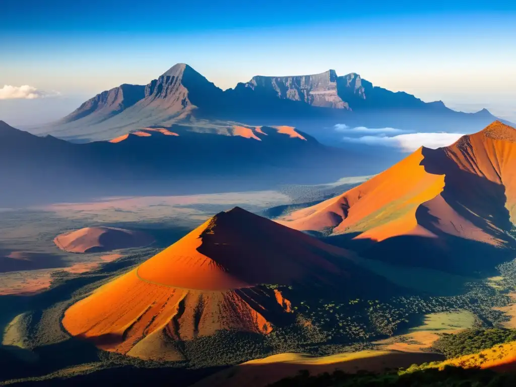Paisaje majestuoso de las montañas de Kenia al atardecer Riquezas perdidas en montañas Kenia: vista espectacular de picos, valles, y atardecer dorado en cordillera majestuosa