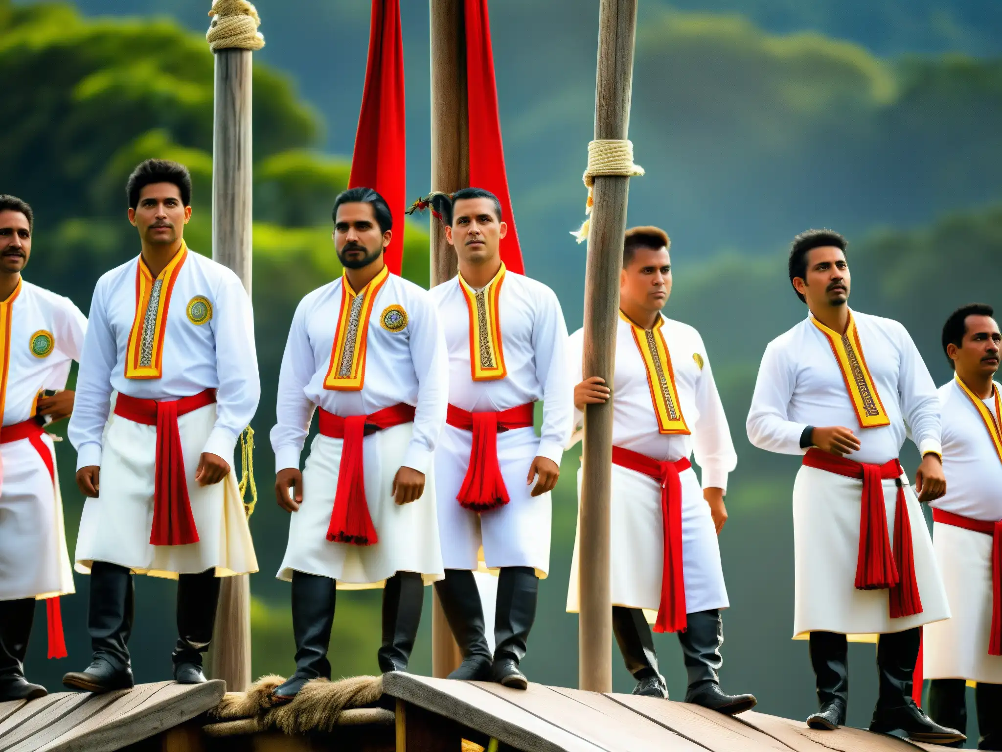 Ritual de los Voladores de Papantla: Descenso místico Ritual voladores Papantla misticismo: Cinco hombres en trajes blancos y rojos realizan el ancestral ritual de los Voladores de Papantla, descendiendo en espiral desde un alto poste de madera, en un escenario cautivador de colores vibrantes y naturaleza exuberante