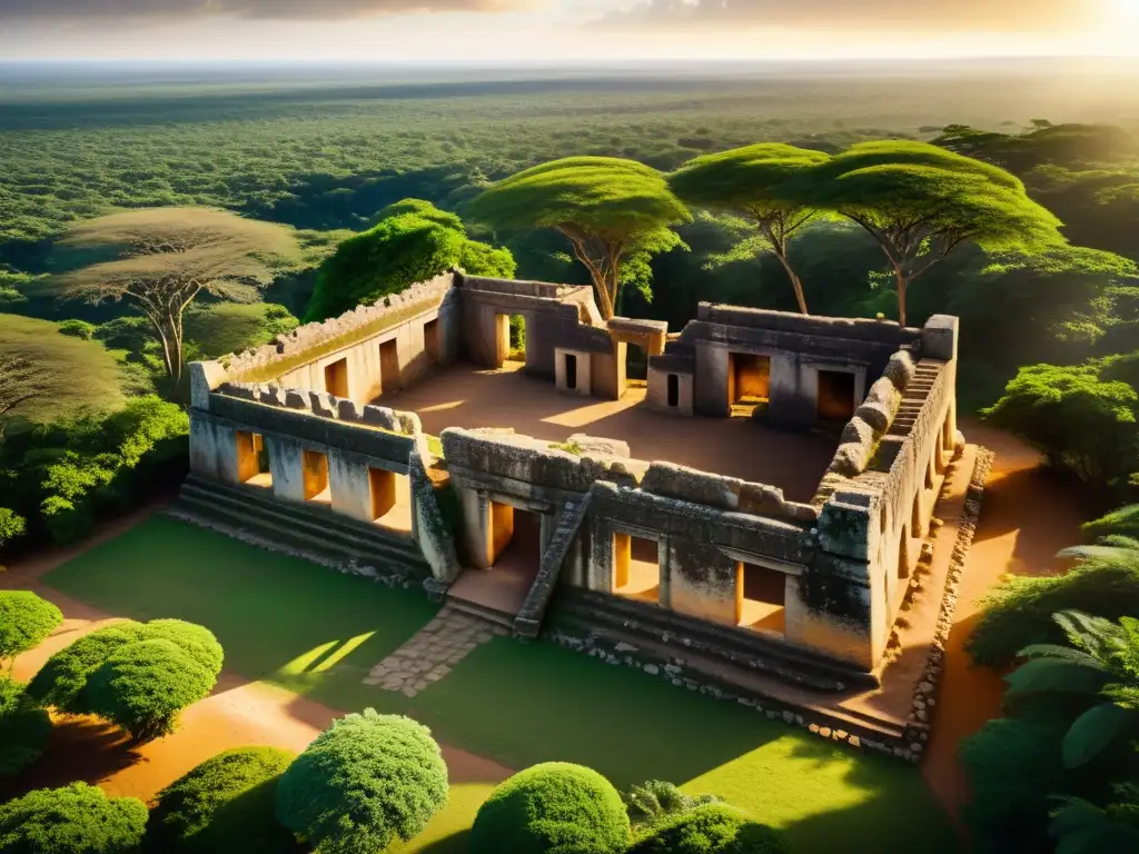 Ruinas antiguas de Gedi en Kenia, revelando arquitectura de piedra y exuberante vegetación, con el cálido resplandor del sol creando sombras