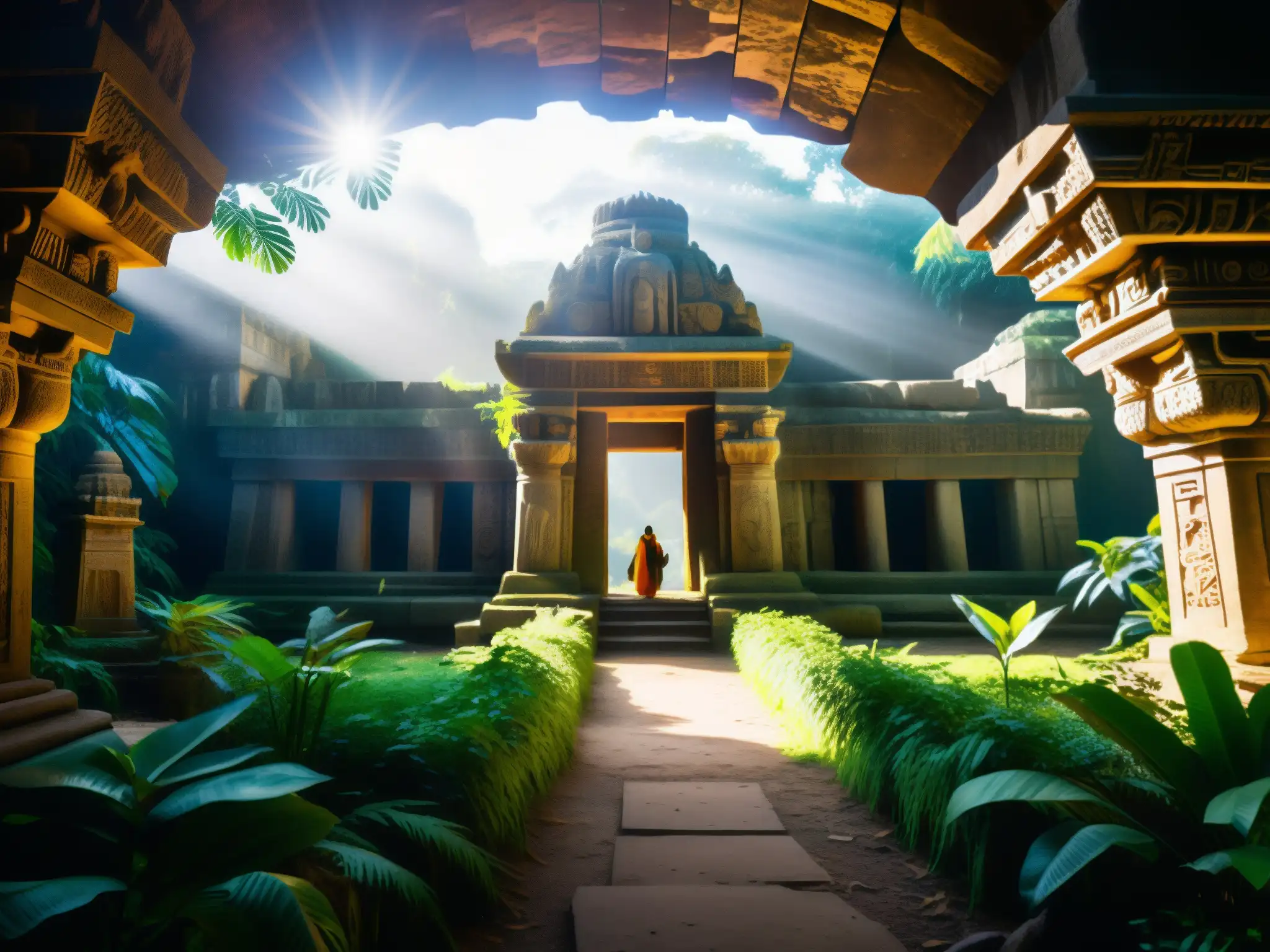 Templo antiguo en la selva: arqueólogos desentrañan misterios Ruinas antiguas envueltas en niebla en la selva, con arqueólogos desvelando secretos de la enigmática Reina Churel en un aura misteriosa
