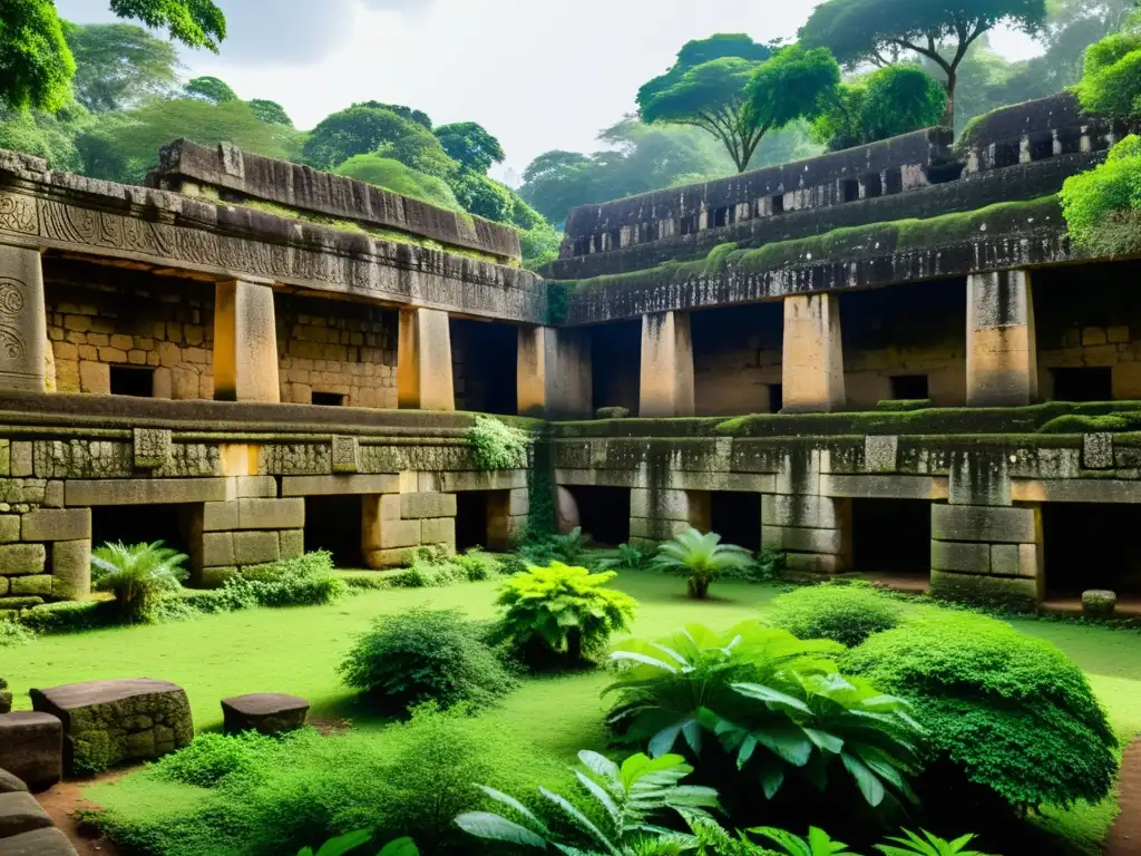 Ruinas antiguas de Gedi en Kenia, entre exuberante vegetación, capturando misterio y relevancia histórica con iluminación dramática