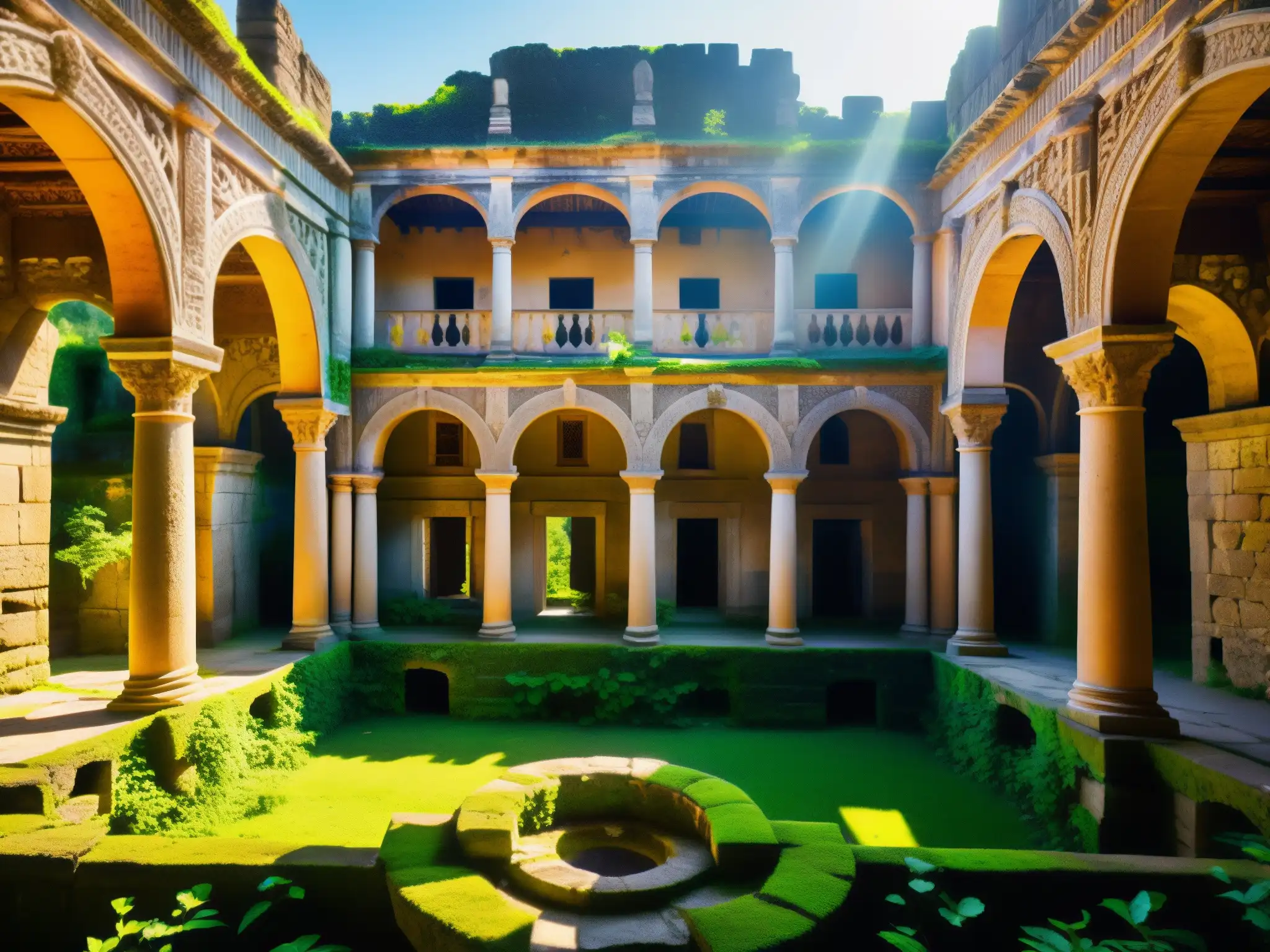 Palacio ancestral rodeado de exuberante vegetación: historia y misterio Ruinas antiguas del palacio de la Princesa Ratnavati envueltas en exuberante vegetación, con intrincadas tallas y arquitectura