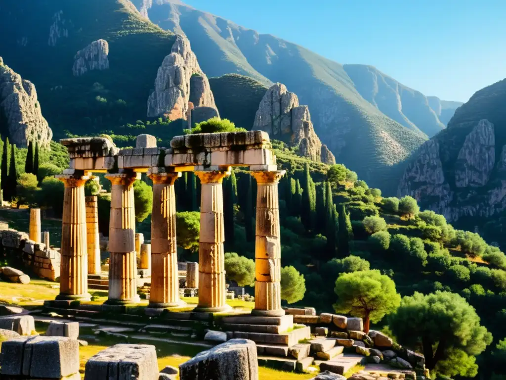 Ruinas del Templo de Apolo en Delphi: Misterio y majestuosidad Ruinas antiguas del Templo de Apolo en Delfos, con inscripciones y sombras dramáticas