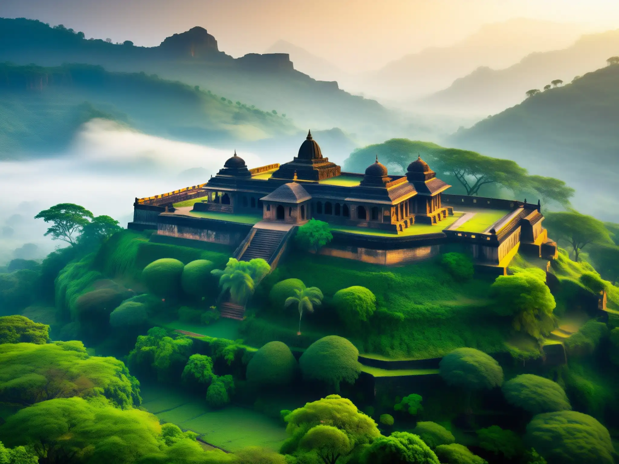 Palacio Ratnavati: Ruinas ancestrales entre la neblina y la magia Ruinas del Palacio Ratnavati entre la neblina, evocando el misterio del mito de la Princesa Ratnavati amor venganza