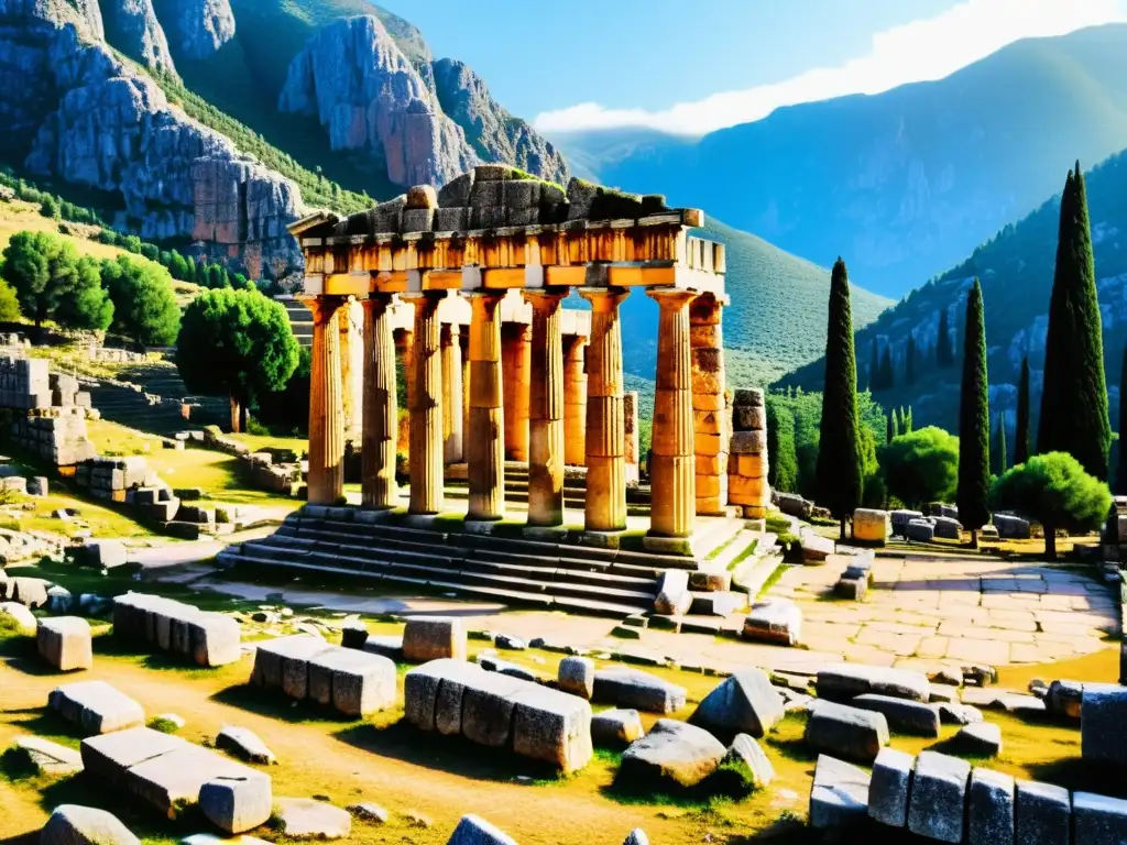 Ruinas místicas del Templo de Apolo en Delphi: cautivadora historia antigua Ruinas del Templo de Apolo en Delfos, con detalles intrincados de las columnas de piedra desgastadas