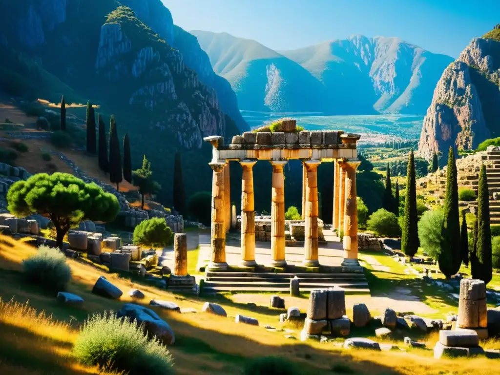 Ruinas del Templo de Apolo en Delphi: Belleza ancestral y misterio eterno Ruinas del Templo de Apolo en Delfos con el imponente Monte Parnaso al fondo, bañadas por la luz dorada, rodeadas de exuberante vegetación