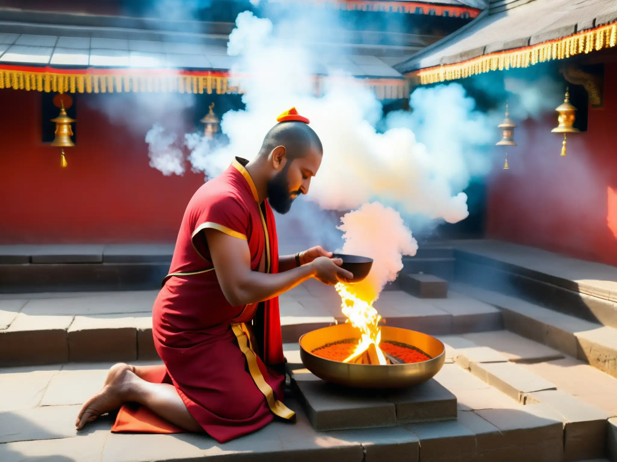 El sacerdote realiza un ritual en el templo Kamakhya Devi, con humo y detalles arquitectónicos