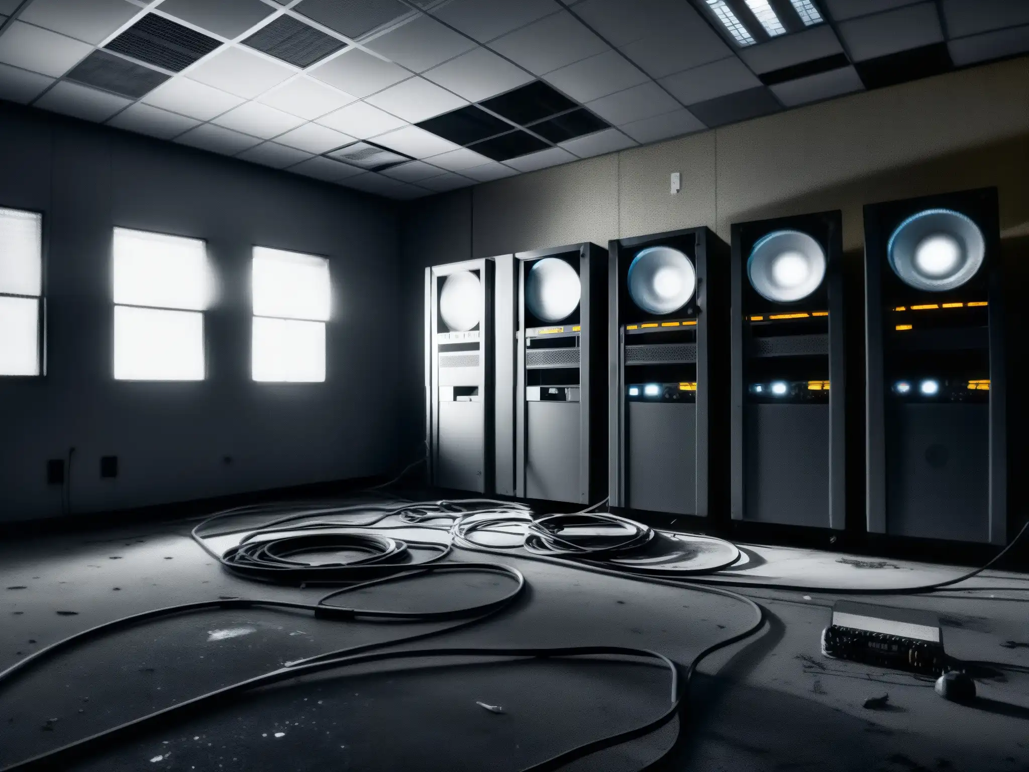 Salas de servidores abandonadas: misterio y desolación Una sala de servidores web abandonada y deteriorada en blanco y negro, con monitores rotos, luces parpadeantes y un ambiente inquietante