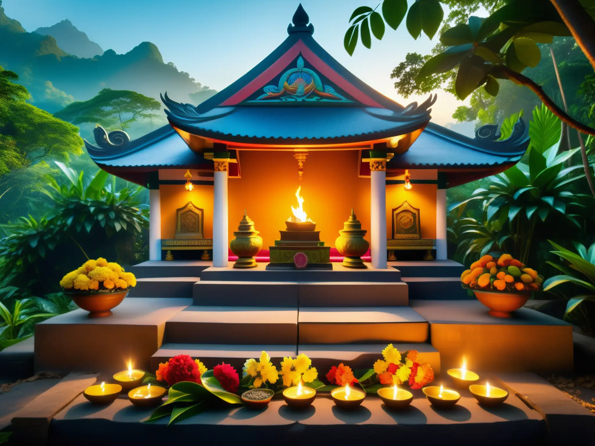 Santuario Nāga en la jungla: serpientes, ofrendas y rituales Un santuario colorido de Nāga en la exuberante jungla del sur de Asia, con serpientes esculpidas, lámparas de aceite y ofrendas de flores y frutas