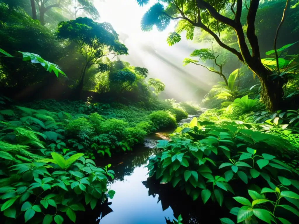 Selva exuberante: misterio y encanto entre árboles y arroyo Selva exuberante con luz filtrada entre árboles altos y enredaderas retorcidas, reflejos en un arroyo
