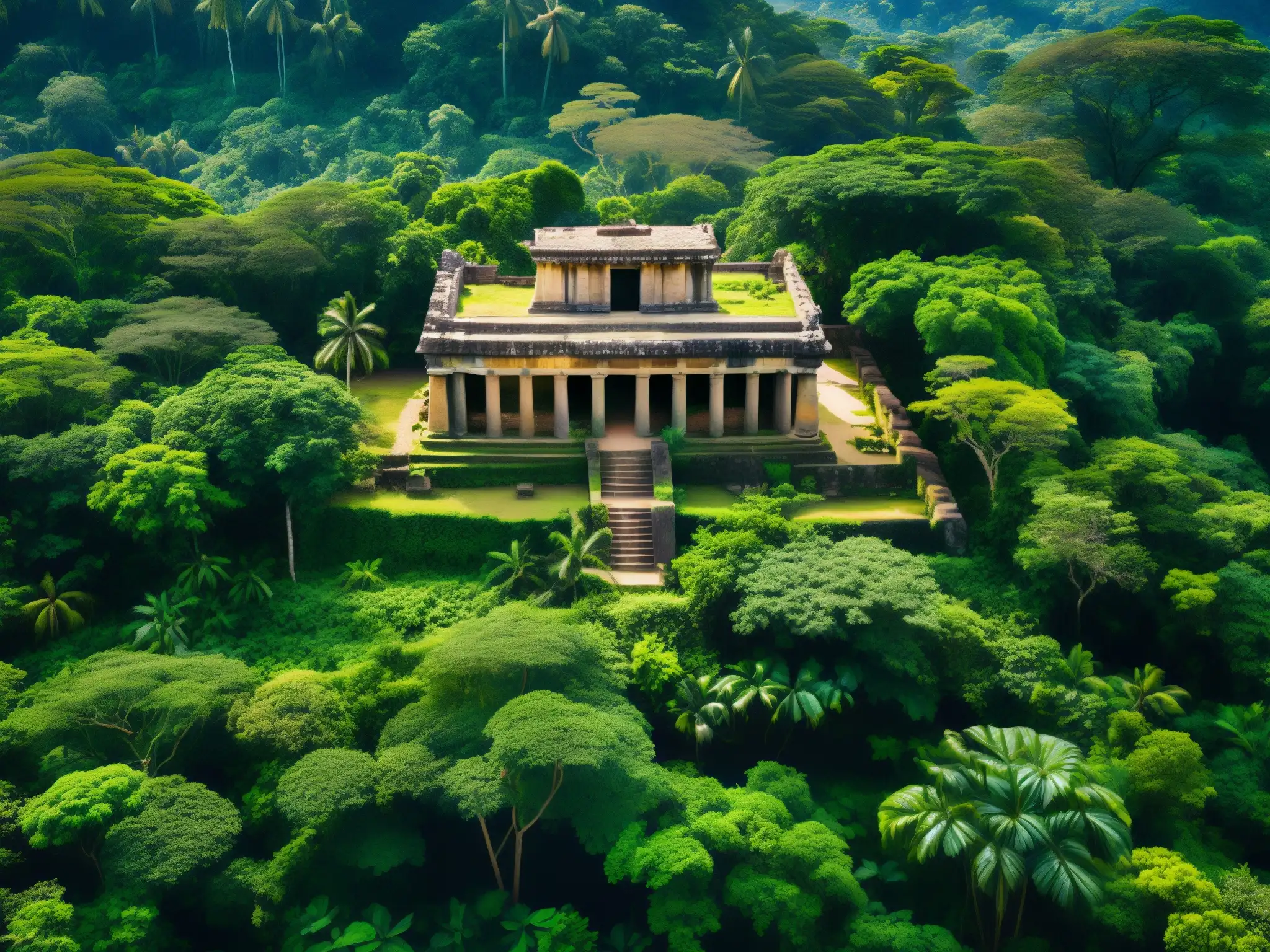 Selva misteriosa con ruinas antiguas Selva exuberante con ruinas antiguas entre la vegetación densa, evocando la riqueza oculta, mitos y leyendas de la revolución perdida