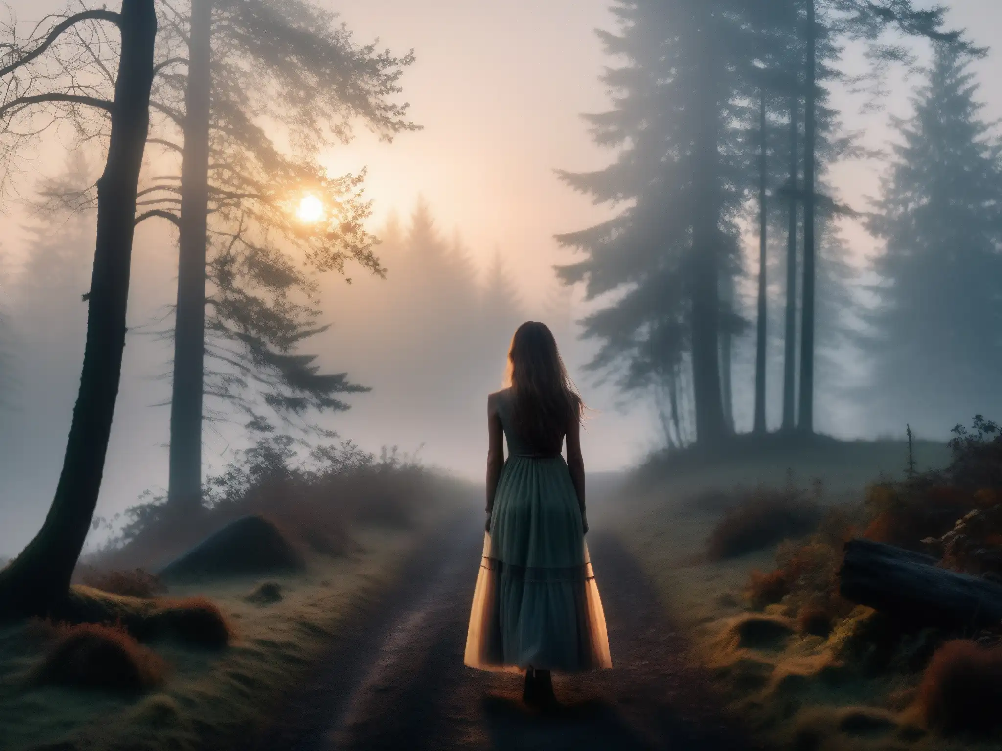 Figura misteriosa en el bosque brumoso al anochecer Un sendero boscoso en la penumbra con la silueta de La Cegua, mito leyenda urbana, generando una atmósfera inquietante y misteriosa
