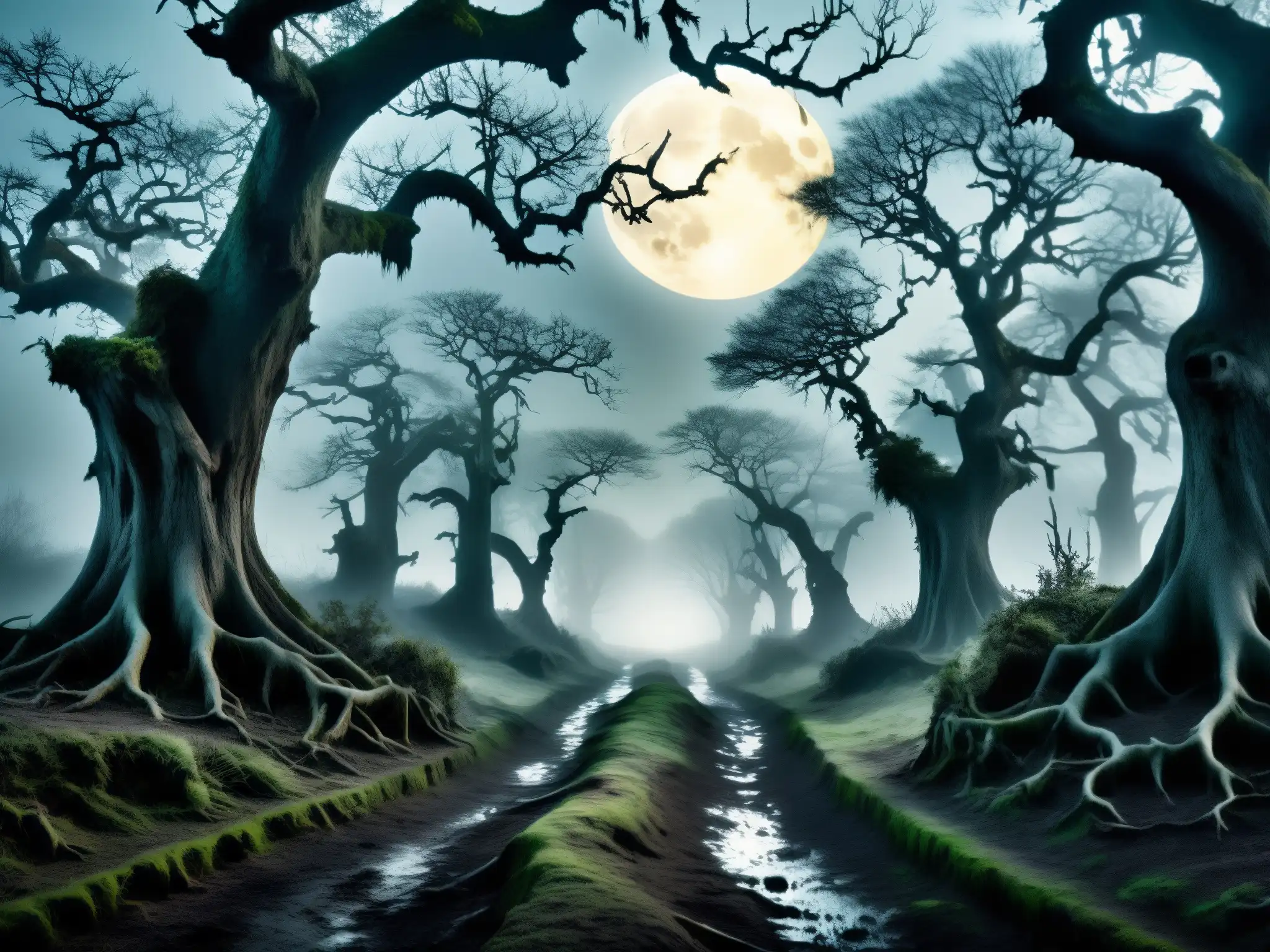 Un sendero en el bosque envuelto en niebla, iluminado por la pálida luz de la luna menguante