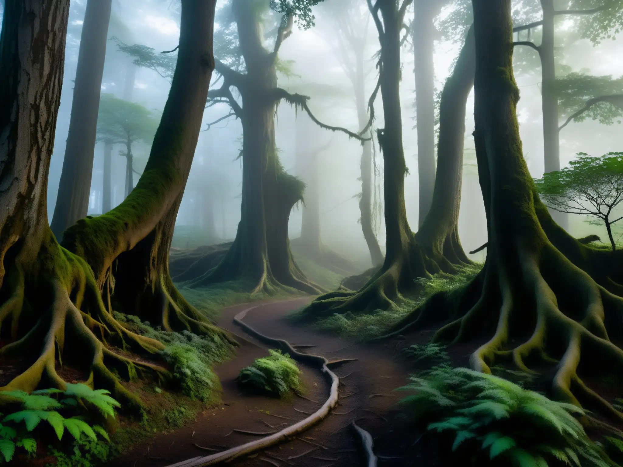 Sendero misterioso en el bosque neblinoso Un sendero desgastado se adentra en un bosque neblinoso y sombrío, donde las raíces retorcidas de árboles antiguos crean una atmósfera inquietante