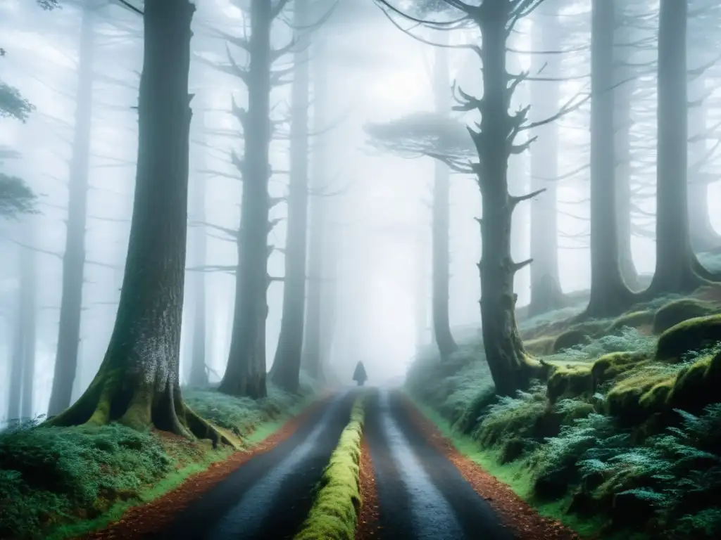 Un sendero neblinoso en un bosque de Galicia, España, iluminado por una luz misteriosa