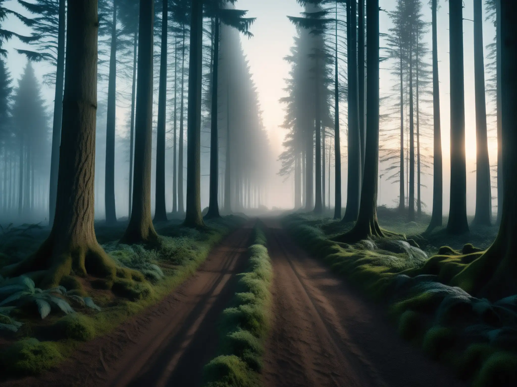 Un sendero oscuro serpentea entre árboles retorcidos en el misterioso bosque al anochecer, evocando la leyenda urbana Bestia Bray Road