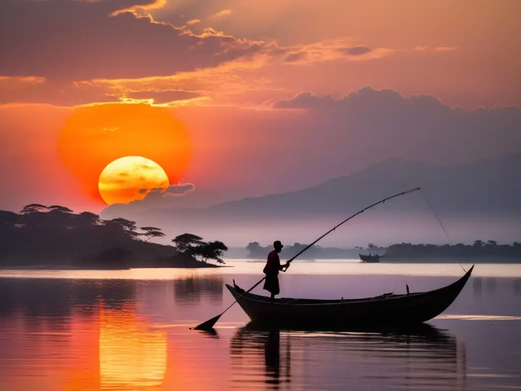 La serena belleza del atardecer en el lago Victoria con la silueta de un bote de pesca y la presencia de criaturas legendarias