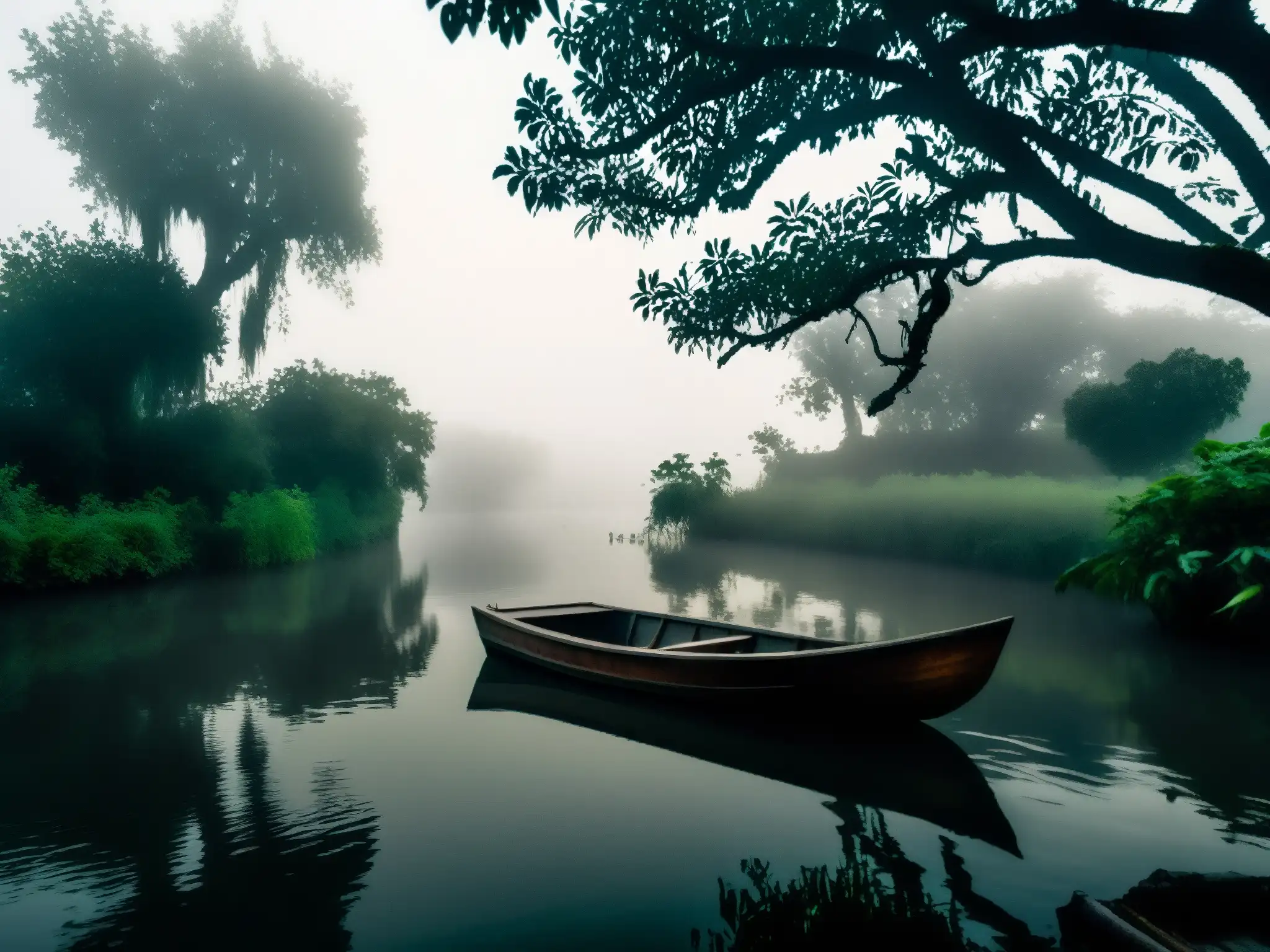 Misterio en el Canal Tláhuac: La Leyenda del Niño del Bote Silueta de bote en niebla densa sobre aguas del canal de Tláhuac, evocando el misterio del Niño del Bote Tláhuac