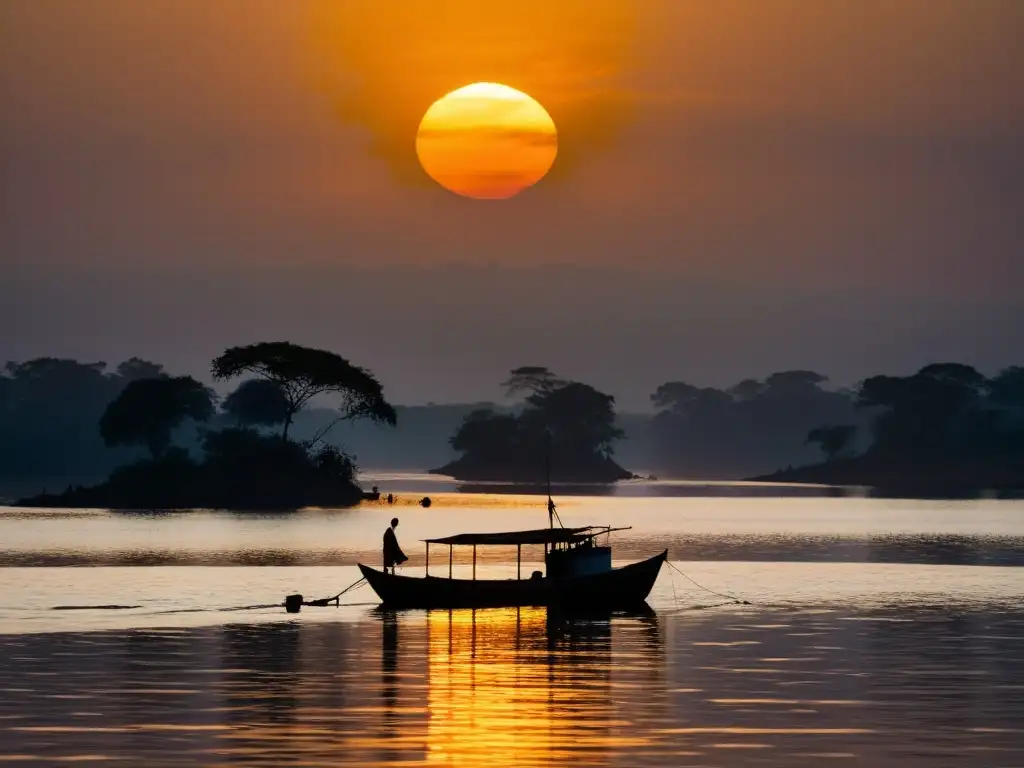 Silueta de bote de pesca en lago Victoria al atardecer, reflejando el misterio de las criaturas legendarias