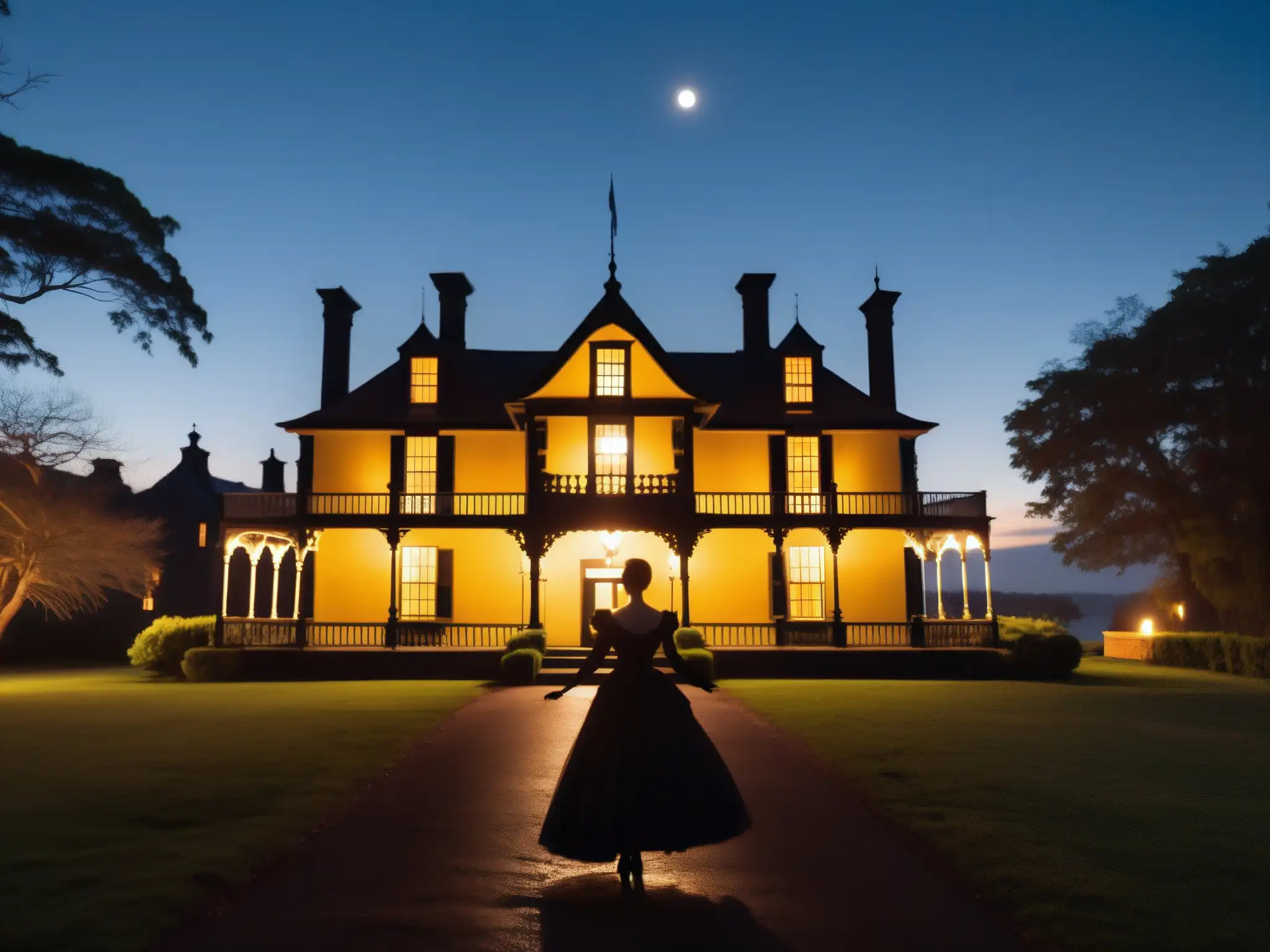 Espectral figura en la posada de los cisnes negros de Victoria bajo la luna Silueta enigmática de la leyenda figura negra en Victoria's Black Swan Inn, bajo la luz de la luna, generando una atmósfera de misterio y terror