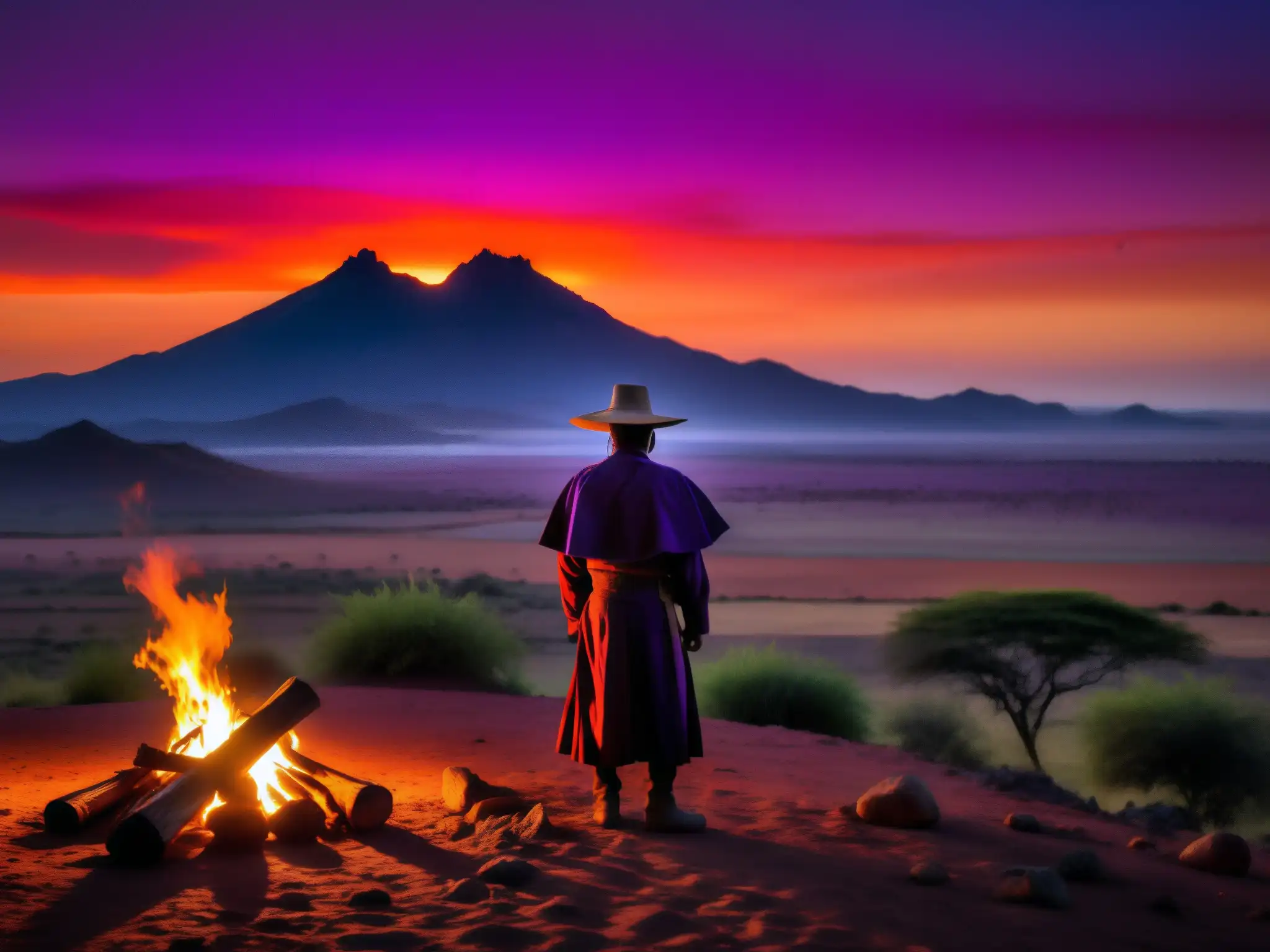 El Silbón: leyenda en los llanos al atardecer Silueta de llanero junto a fogata en los llanos de Venezuela al atardecer, evocando la leyenda de El Silbón mito llanos Venezuela