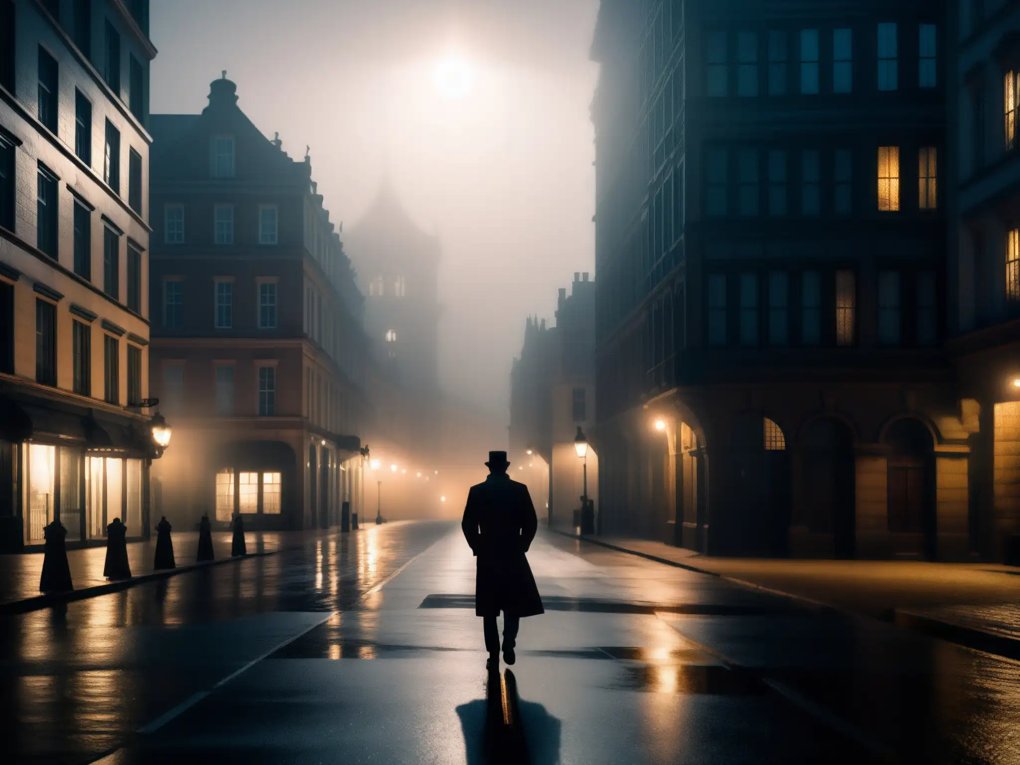 Silueta misteriosa en la noche urbana Silueta misteriosa en calle oscura entre edificios altos, evocando mitos y leyendas urbanas análisis