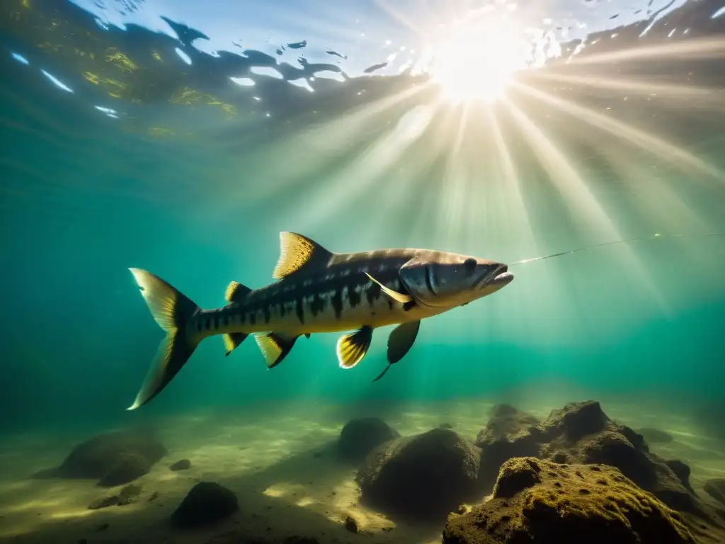 Silueta de un misterioso pez gato en las aguas del lago Victoria, rodeado de criaturas legendarias