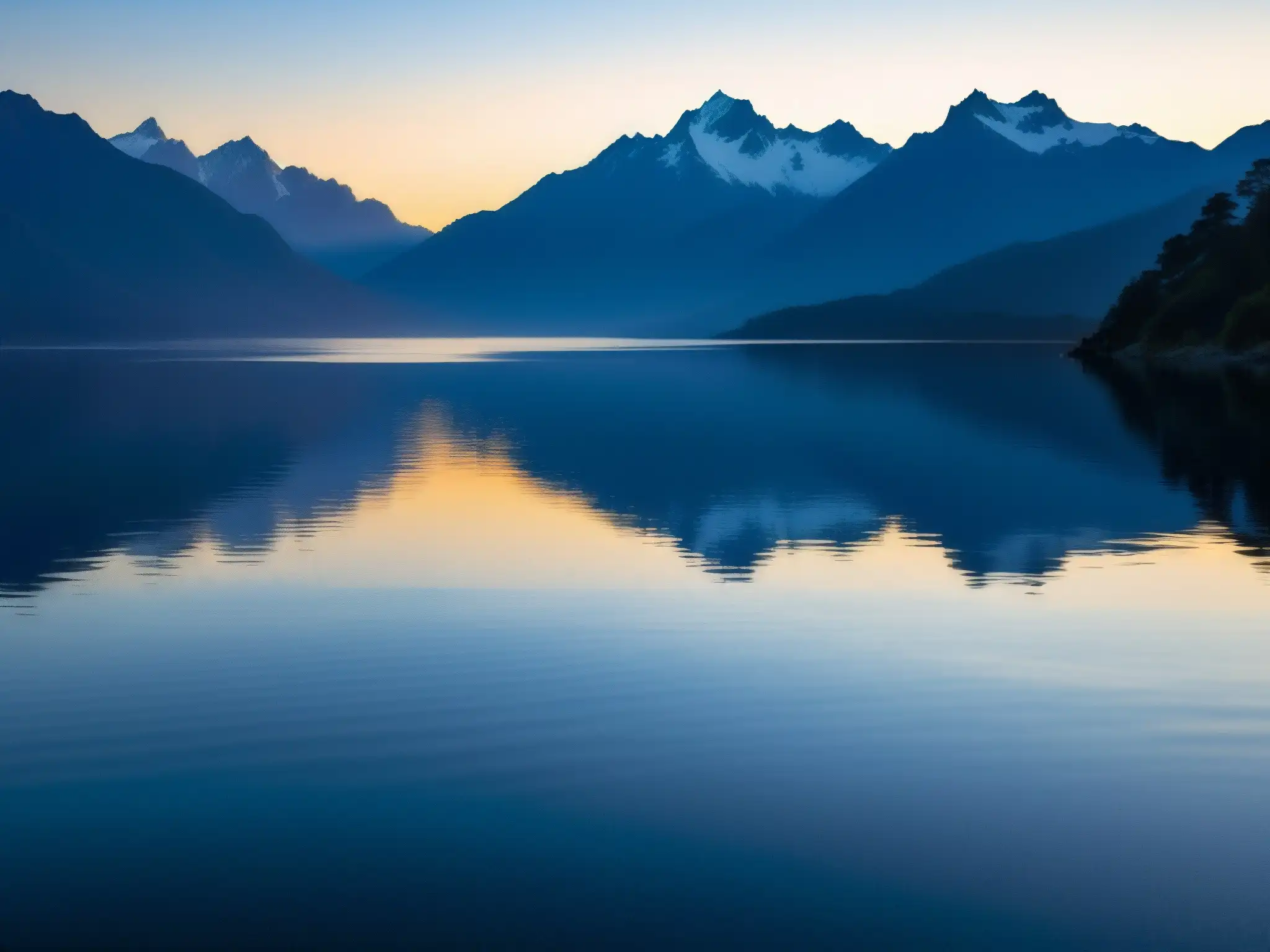 Nahuel Huapi: misterio al atardecer en los Andes Silueta de los Andes reflejada en el lago Nahuel Huapi al atardecer, capturando el misterio de Nahuelito