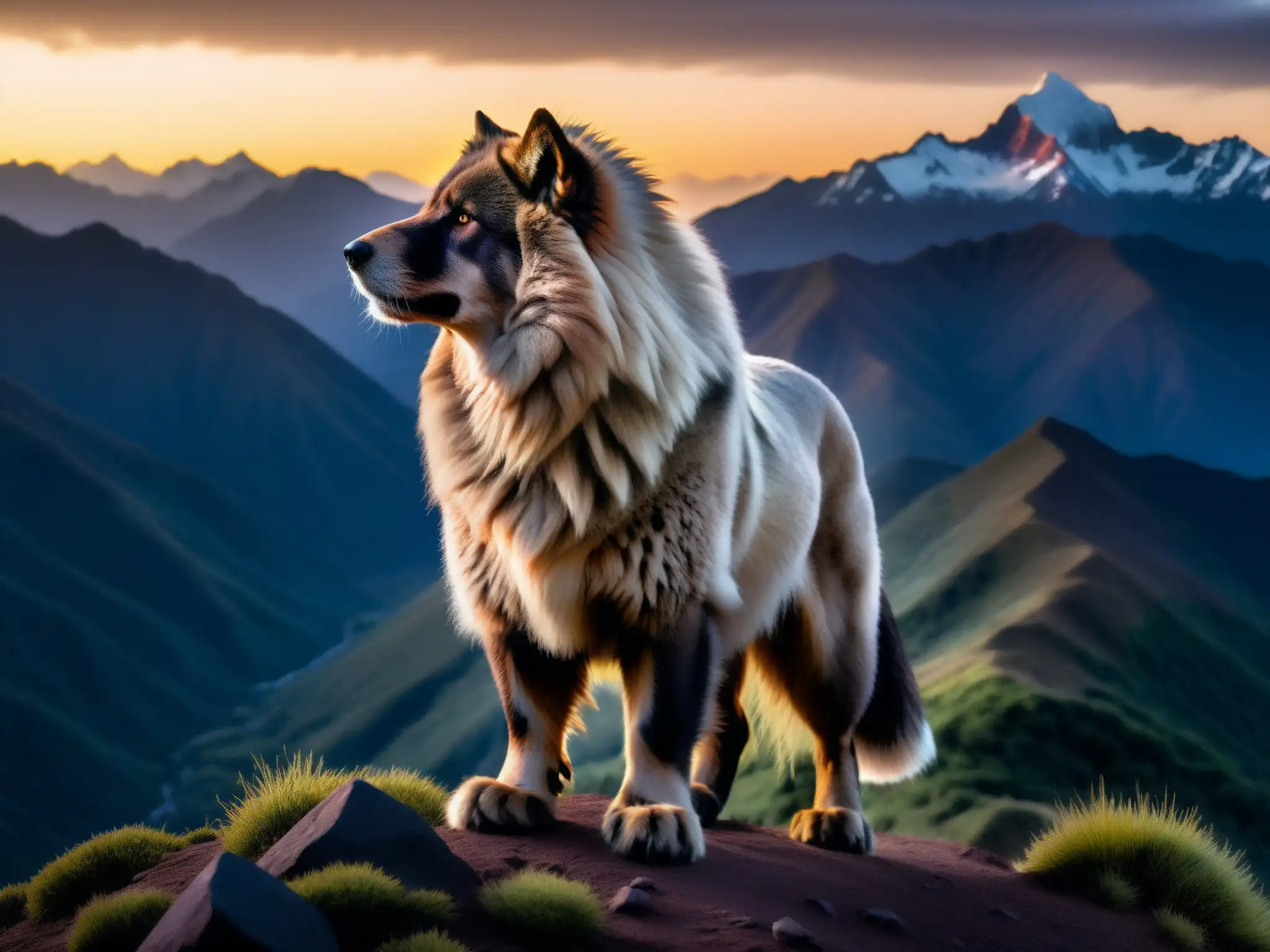 Silueta del Ucumar en los Andes al anochecer, junto a un bosque denso