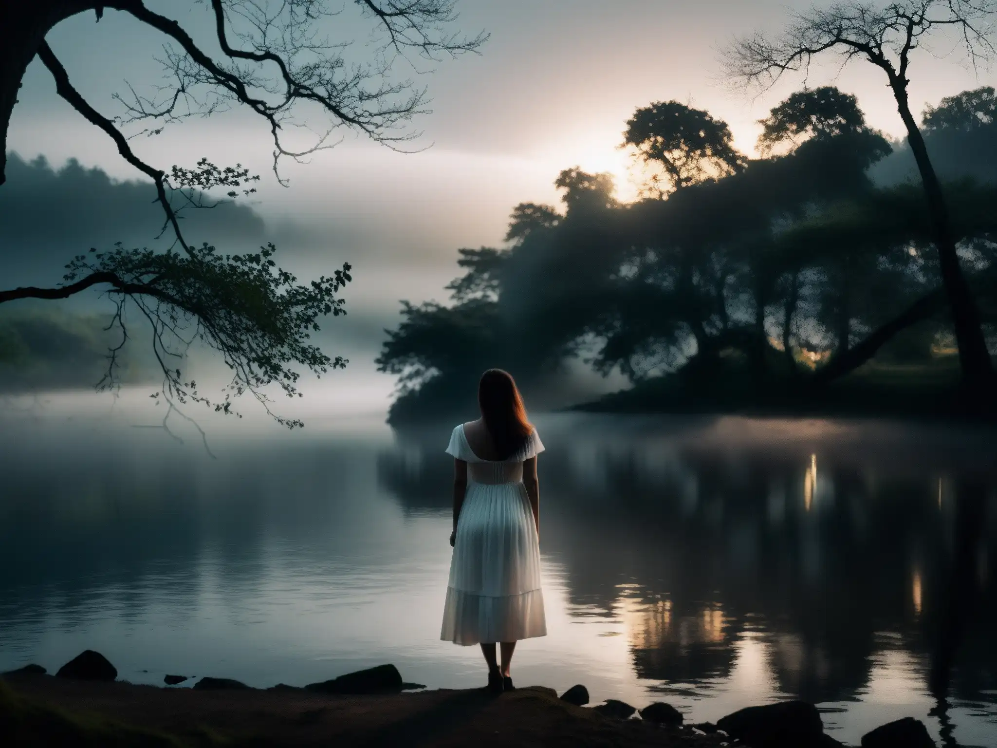 La Llorona: Misterio en la noche junto al río Silueta en vestido blanco junto al río en la noche, evocando la leyenda urbana de La Llorona con atmósfera misteriosa