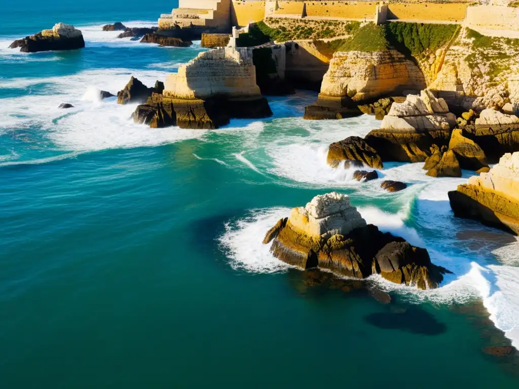 La Sirena Varada de Cádiz: Costa rocosa con olas del Atlántico chocando, mostrando luces y sombras, y una belleza salvaje y misteriosa