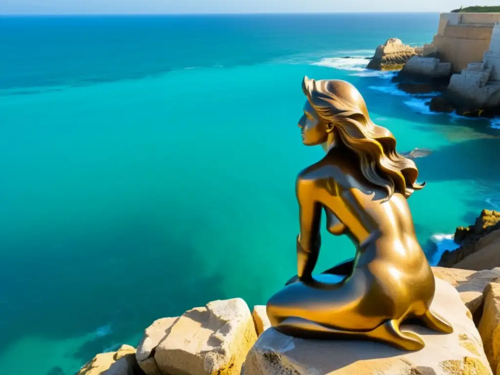 La Sirena Varada de Cádiz: escultura de una sirena en un acantilado con el mar turquesa y el sol cálido