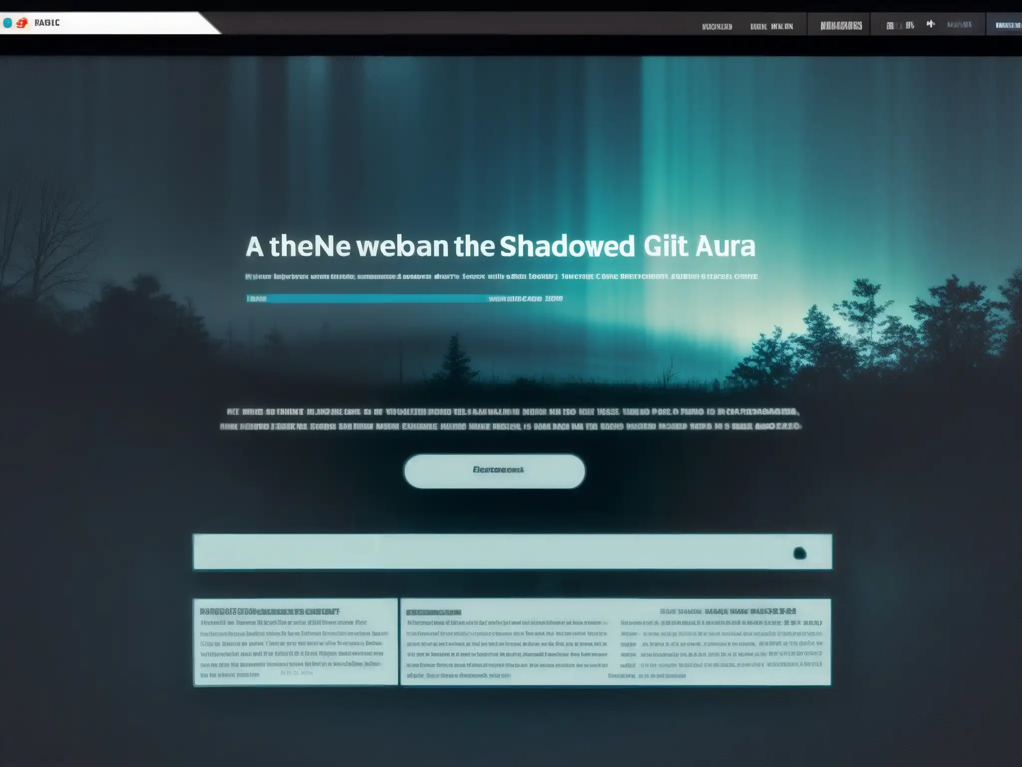 Sitio web abandonado: textos glitch y figuras ominosas Sitio web maldito con aspecto abandonado y textos distorsionados, rodeado de una atmósfera inquietante