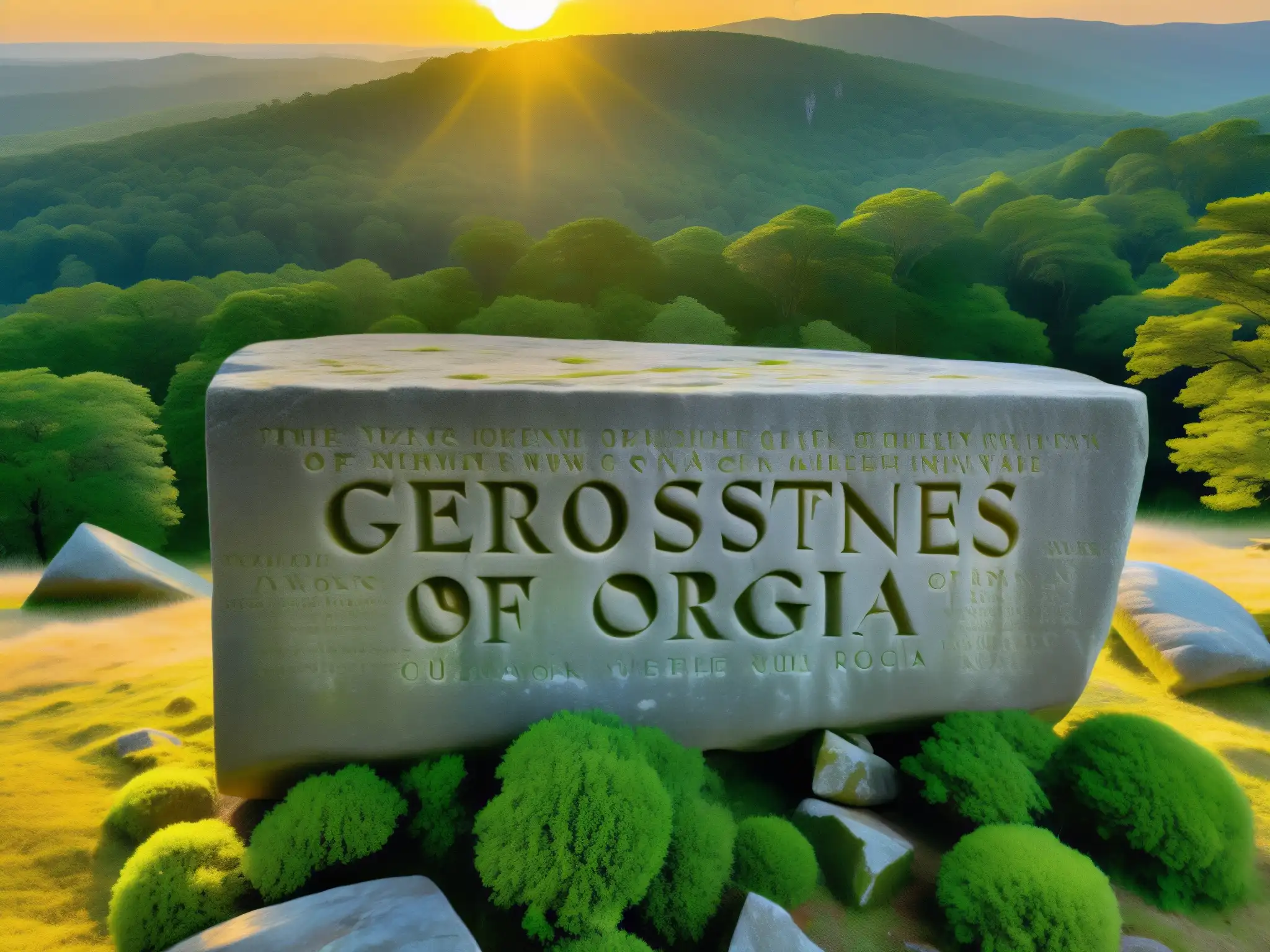 Monumento misterioso: atardecer en las Georgia Guidestones El sol se pone detrás de las enigmáticas Piedras Guía de Georgia, con un aura dorada cálida