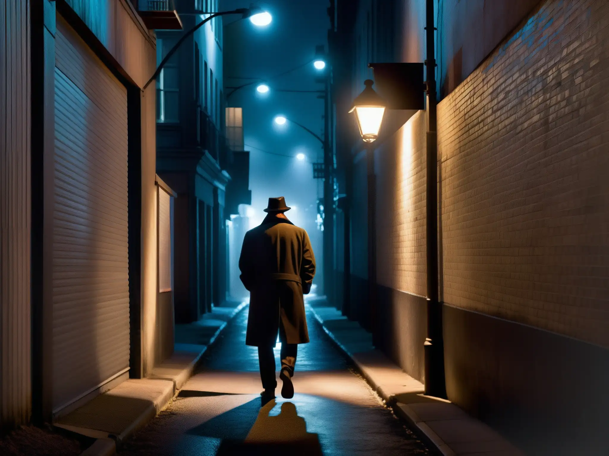 Figura solitaria en callejón oscuro: atmósfera inquietante Un solitario camina por un callejón oscuro, rodeado de sombras inquietantes bajo la luz parpadeante de un farol