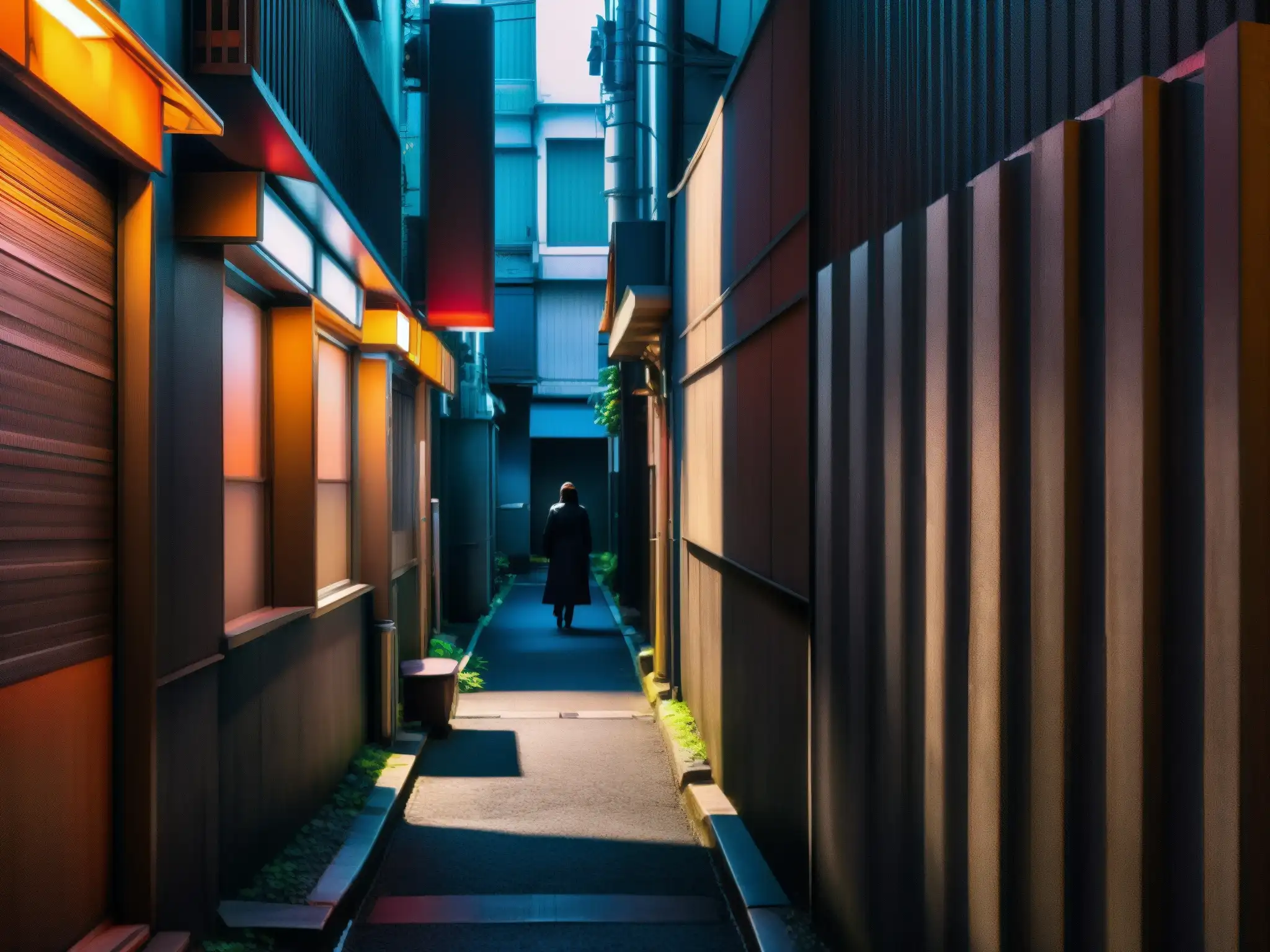 Alley misterioso en Tokyo: neón y misterio urbano Alley sombrío en Tokyo con neón, sombras y figura solitaria, evocando leyendas urbanas japonesas y videojuegos de terror
