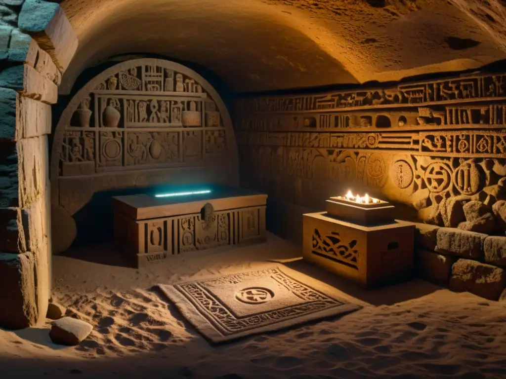 Enigmática cámara subterránea con un cofre adornado, emitiendo un suave resplandor