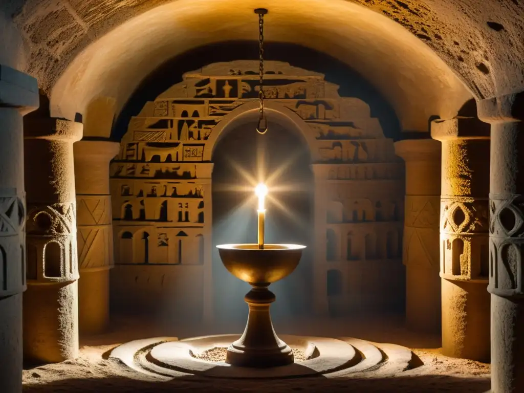 Enigmática cámara subterránea iluminada, con pilares antiguos y un cáliz dorado en un pedestal
